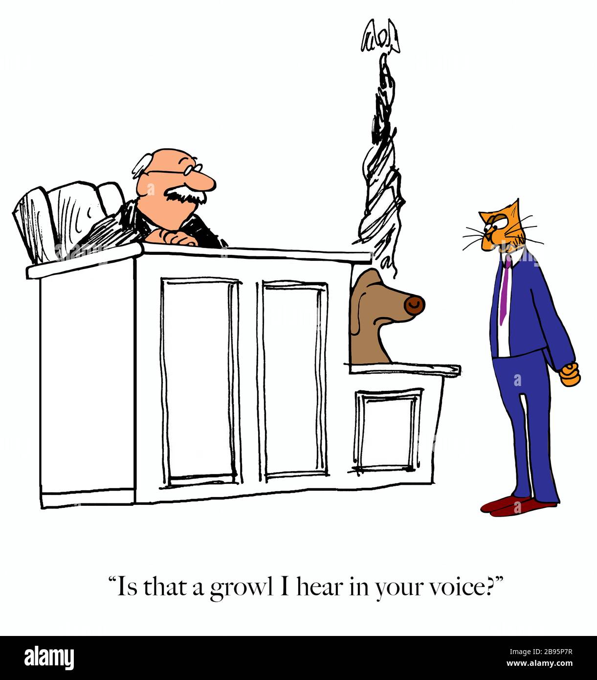 Ein Cartoon, der einen unzufriedenen Hund auf dem Stand darstellt, der mit einem bisschen Knurren auf den Anwalt der Katze reagiert. Stockfoto