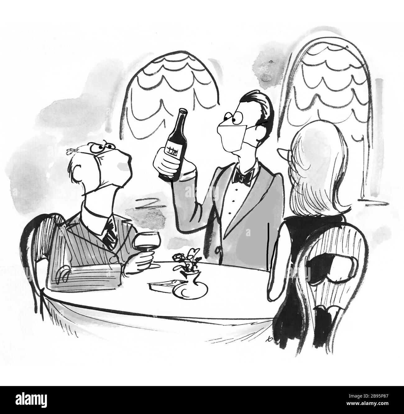 Ein Zeichentrickfilm, der einen elitären, älteren Mann darstellt, störte, dass seine Gesichtsmaske mit seinem Trinken eines feinen Weins übergeht. Stockfoto