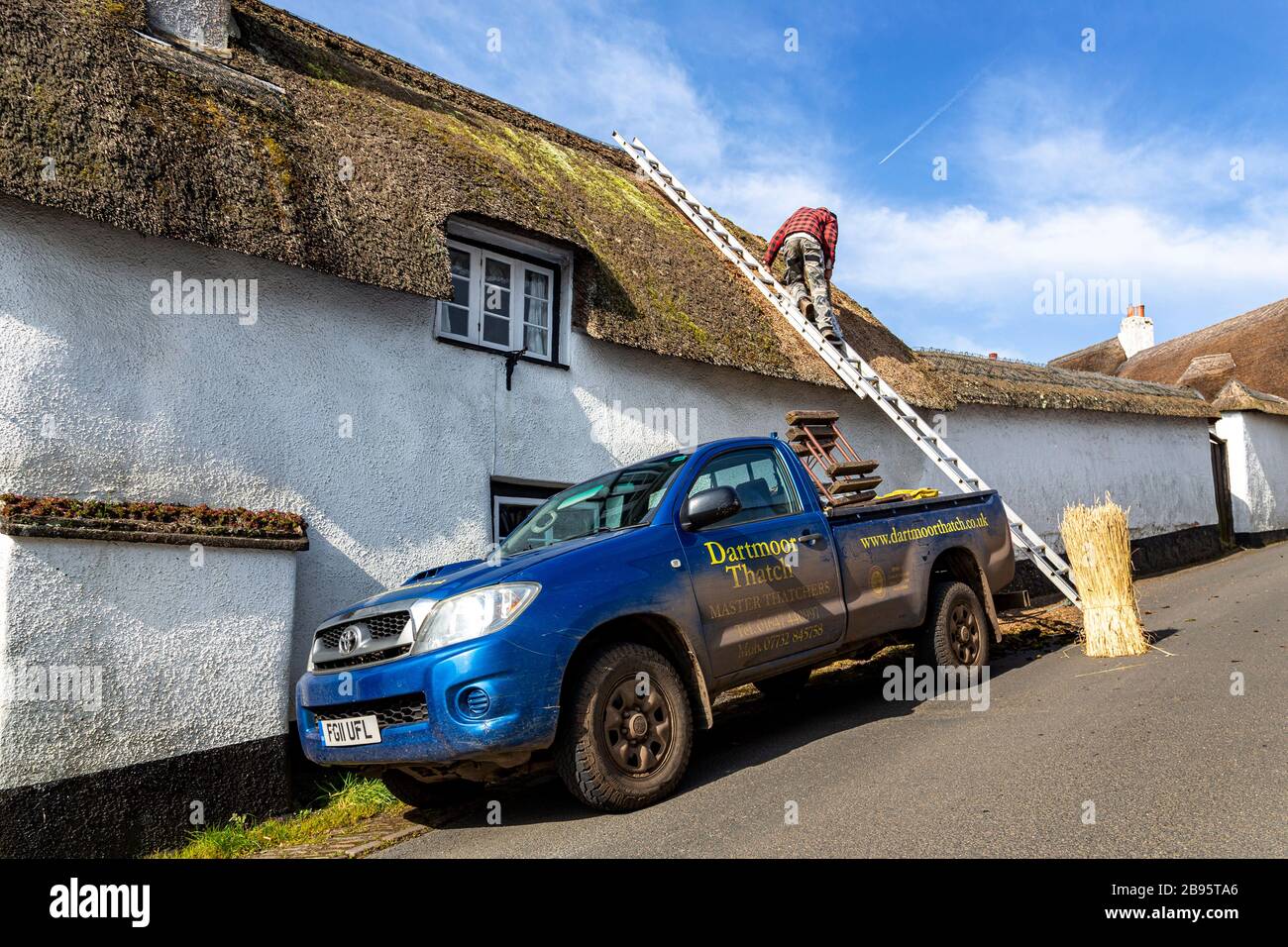 Strohdach, Dach, Reparatur, Bauernhof, Bauindustrie, Arbeiten, Dachdecker, Gebäude - Aktivität, Handarbeiter, Weide, Stockfoto