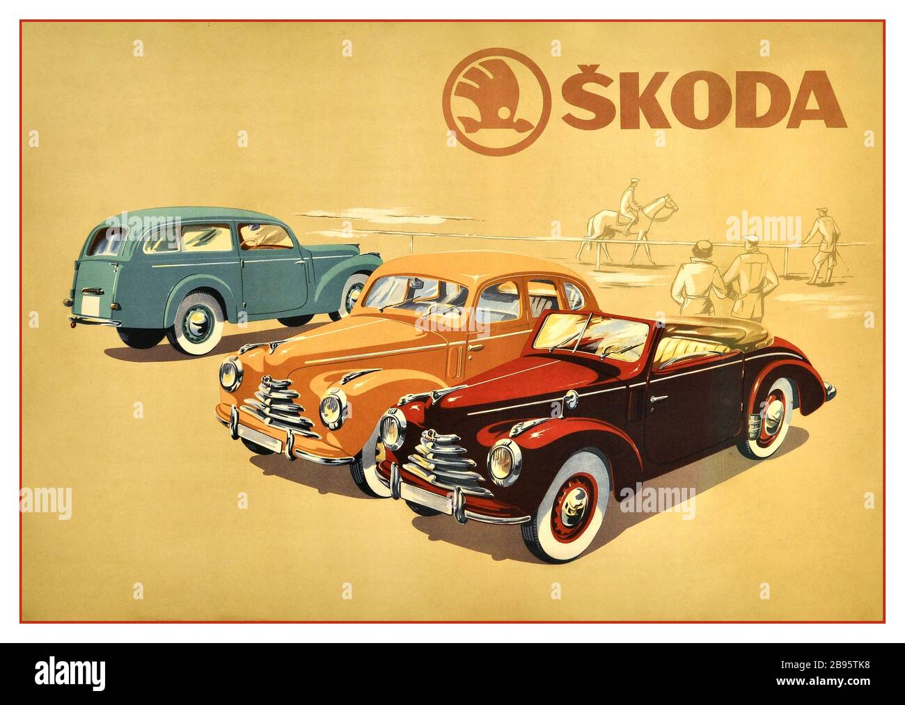 SKODA Vintage 50er Jahre Auto-Motorwagen-Plakat Werbung Skoda mit drei Auto-Modelle aufgereiht - ein Cabrio, Limousine und Kombi mit einem Reiter Pferd und Zuschauer im Hintergrund. Skoda Auto ist ein tschechischer Automobilhersteller, der 1895 gegründet wurde und einer der fünf ältesten Automobilhersteller der Welt mit einer ungebrochenen Geschichte ist (das Unternehmen wurde als Laurin & Klement eröffnet, das seit 1895-1925 in Betrieb ist, als es von Skoda Works erworben wurde, In Betrieb ab 1925-2000, als es vom Volkswagen Konzern übernommen wurde). Gedruckt bei Neubert, Paha. Tschechoslowakei, c 1950er Jahre, Stockfoto