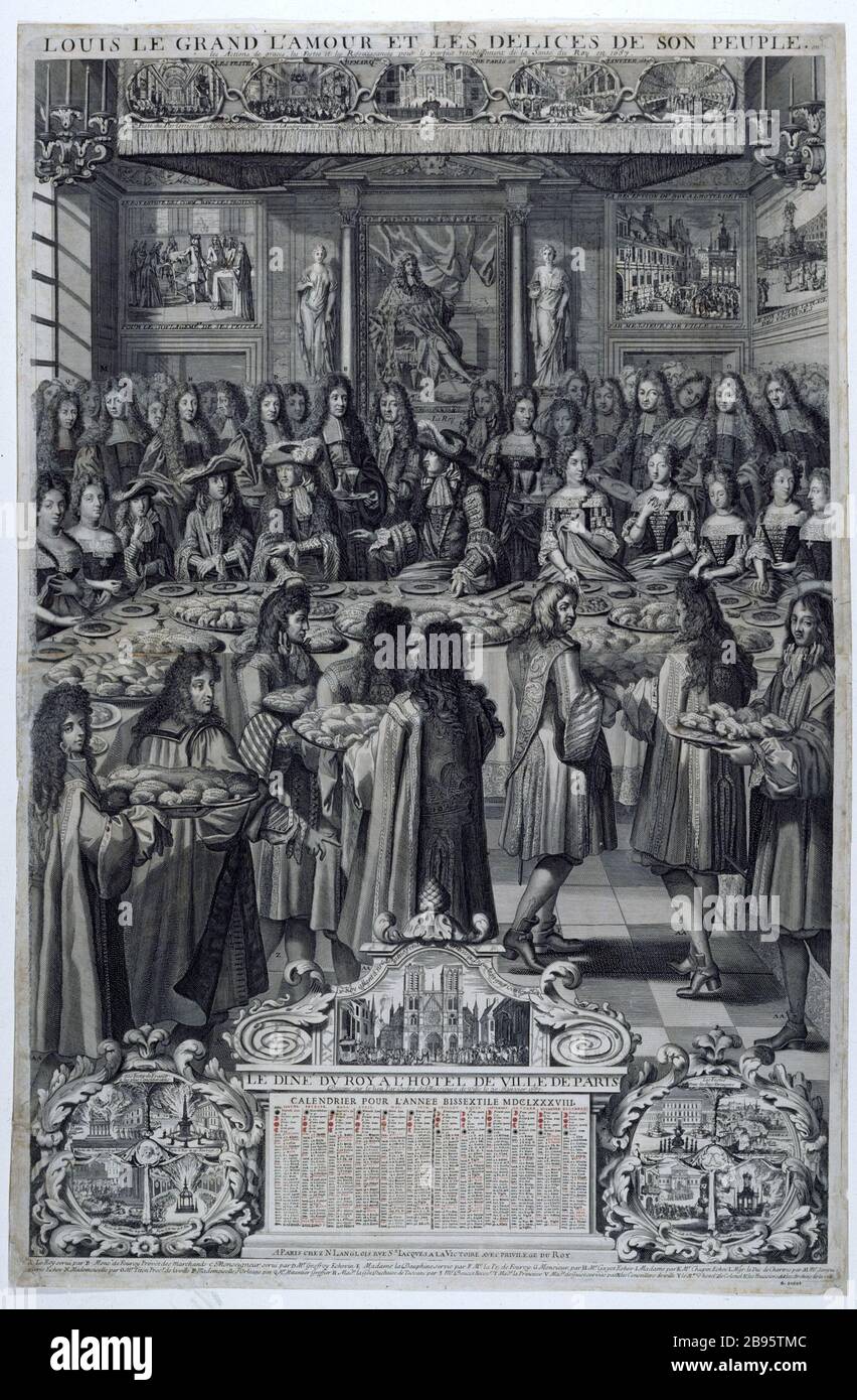 ALMANACH FÜR 1688: LOUIS DIE GROSSE LIEBE UND DIE FREUDEN SEINES VOLKES 'Almanach für 1688 : Louis le Grand l'Amour et les délices de son peuple. Le dîner du Roi à l'Hôtel de Ville, 1688'. Tiefdruck. Paris, musée Carnavalet. Stockfoto