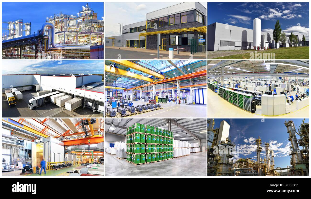 Bilder von Industrieanlagen und Gebäuden - Innen- und Außenaufnahmen - Arbeitsplätze in Fabriken und im Verkehr Stockfoto