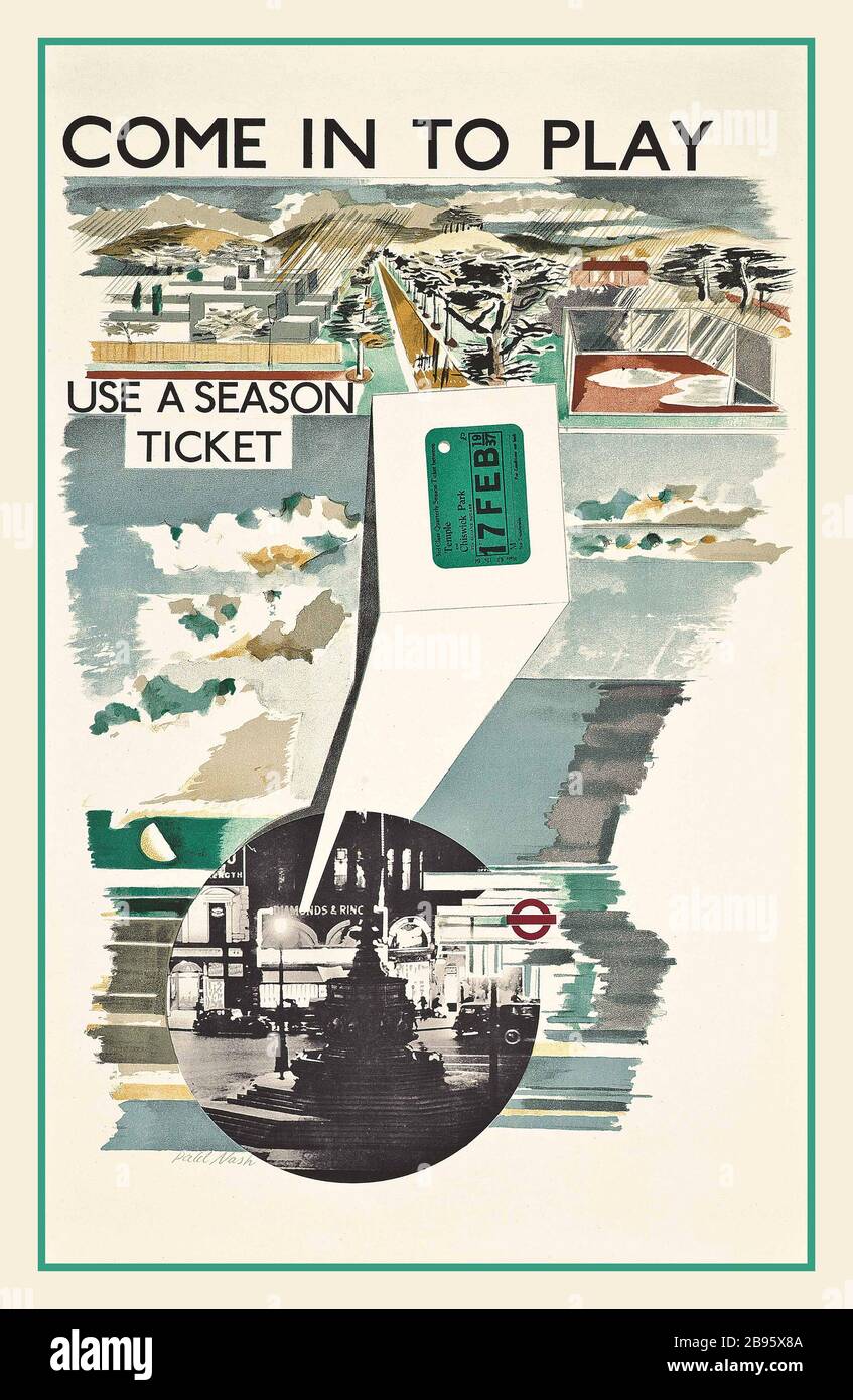 Werbeplakat des Londoner U-Bahn-Zuges aus den 30er Jahren 'COME IN TO PLAY' Piccadilly Circus Lithographie in Farbe, 1936, gedruckt von The Baynard Press, Künstler Paul Nash (1889-1946) Stockfoto