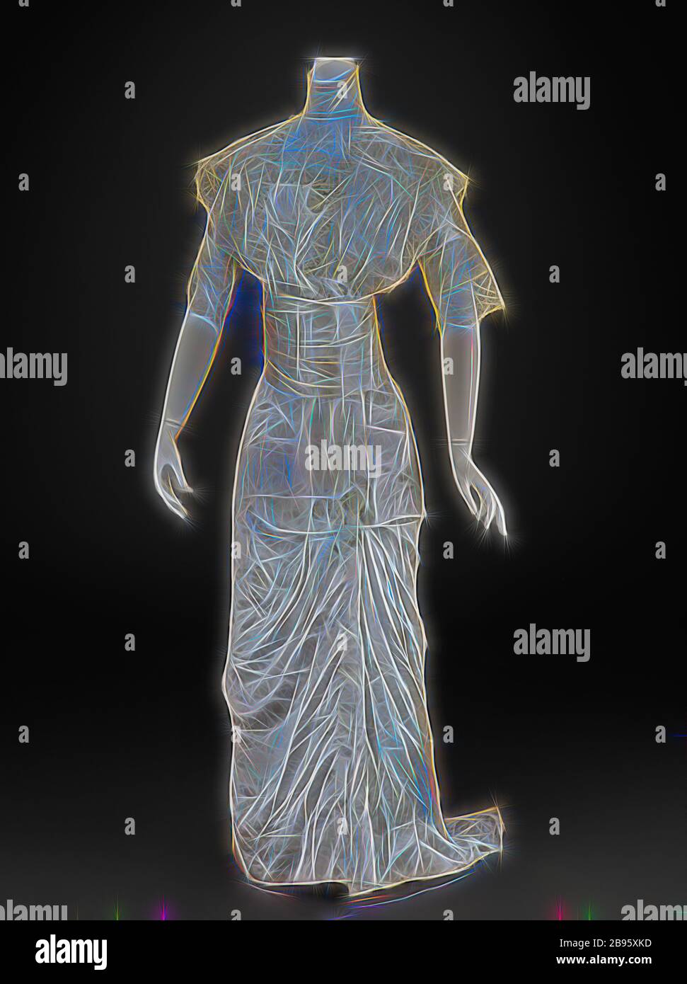 Hochzeitskleid (Kleid, Kummerbund), Unbekannt, 1913, Seidensatin, Seiden-Chiffon, Spitze, A) Kleid: Hinten in der Mitte 71 Zoll, vorne in der Mitte 55 Zoll, Büste 31 Zoll, Taille 22 Zoll, Hüfte 31 Zoll, Ärmellänge 12 Zoll, Schultern 16 Zoll B) kummberbund: 26-1/2 x 21 Zoll, A) Kleid: Gestempelt: NAIAD, VOLLKLEID, HYGIENISCH - GARANTIERT, ZUR REINIGUNG WARM SOAP SUDS UND AMMONIAK verwenden, PRESSE MIT MÄSSIG ERHITZTEM EISEN, 10 3 C, SEIDE, American, Textile and Fashion Arts, Reimagined by Gibon, Design von warmen fröhlich glühen von Helligkeit und Lichtstrahlen Ausstrahlung. Klassische Kunst neu erfunden mit einem modernen Twist. Fotografie inspiriert von futu Stockfoto