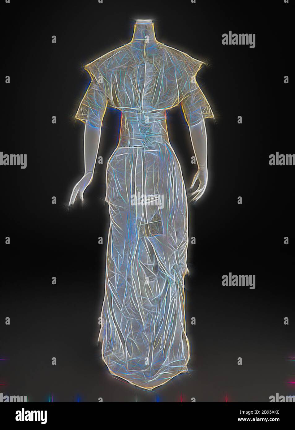 Hochzeitskleid (Kleid, Kummerbund), Unbekannt, 1913, Seidensatin, Seiden-Chiffon, Spitze, A) Kleid: Hinten in der Mitte 71 Zoll, vorne in der Mitte 55 Zoll, Büste 31 Zoll, Taille 22 Zoll, Hüfte 31 Zoll, Ärmellänge 12 Zoll, Schultern 16 Zoll B) kummberbund: 26-1/2 x 21 Zoll, A) Kleid: Gestempelt: NAIAD, VOLLKLEID, HYGIENISCH - GARANTIERT, ZUR REINIGUNG WARM SOAP SUDS UND AMMONIAK verwenden, PRESSE MIT MÄSSIG ERHITZTEM EISEN, 10 3 C, SEIDE, American, Textile and Fashion Arts, Reimagined by Gibon, Design von warmen fröhlich glühen von Helligkeit und Lichtstrahlen Ausstrahlung. Klassische Kunst neu erfunden mit einem modernen Twist. Fotografie inspiriert von futu Stockfoto