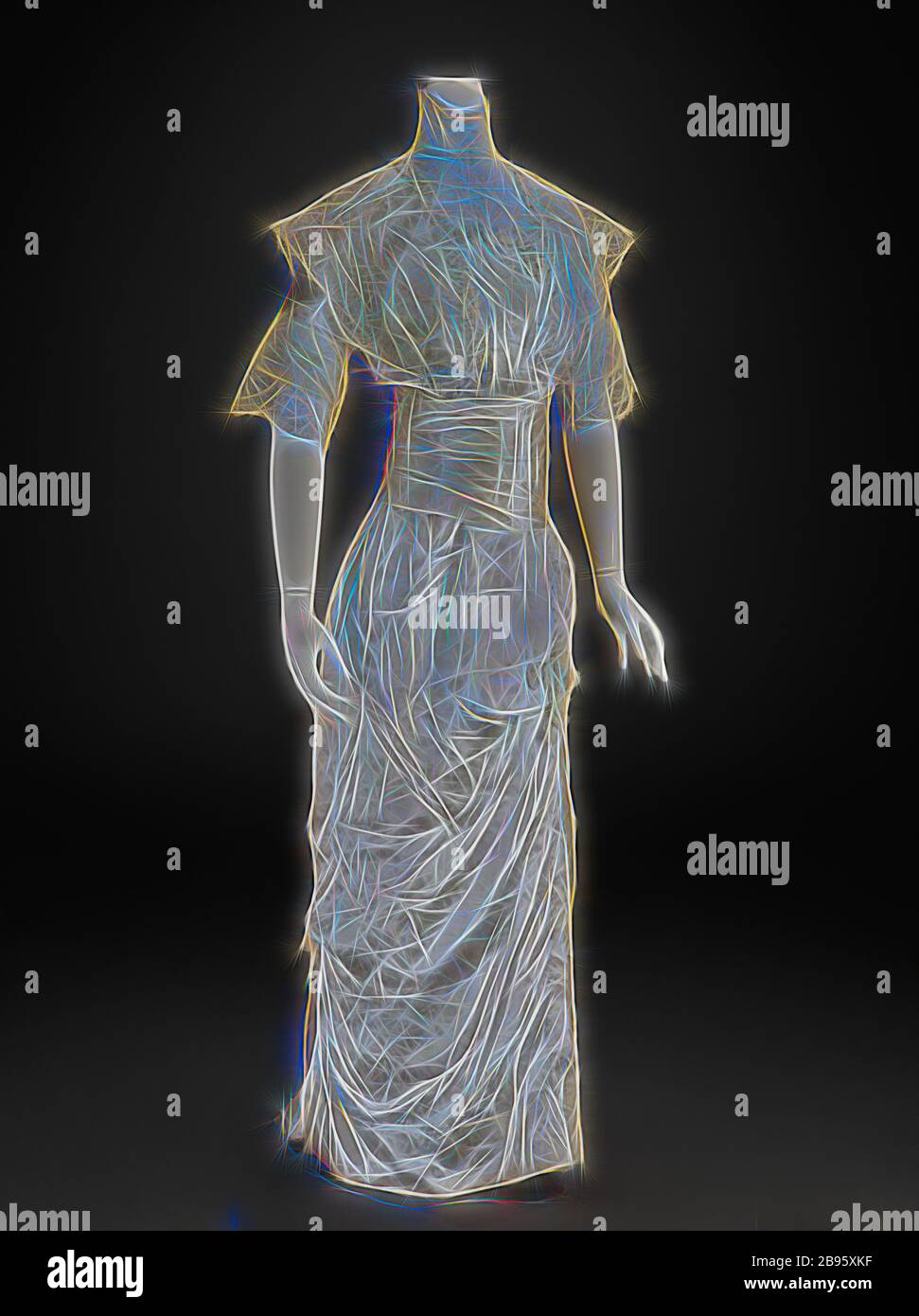 Hochzeitskleid (Kleid, Kummerbund), Unbekannt, 1913, Seidensatin, Seiden-Chiffon, Spitze, A) Kleid: Hinten in der Mitte 71 Zoll, vorne in der Mitte 55 Zoll, Büste 31 Zoll, Taille 22 Zoll, Hüfte 31 Zoll, Ärmellänge 12 Zoll, Schultern 16 Zoll B) kummberbund: 26-1/2 x 21 Zoll, A) Kleid: Gestempelt: NAIAD, VOLLKLEID, HYGIENISCH - GARANTIERT, ZUR REINIGUNG WARM SOAP SUDS UND AMMONIAK verwenden, PRESSE MIT MÄSSIG ERHITZTEM EISEN, 10 3 C, SEIDE, American, Textile and Fashion Arts, Reimagined by Gibon, Design von warmen fröhlich glühen von Helligkeit und Lichtstrahlen Ausstrahlung. Klassische Kunst neu erfunden mit einem modernen Twist. Fotografie inspiriert von futu Stockfoto