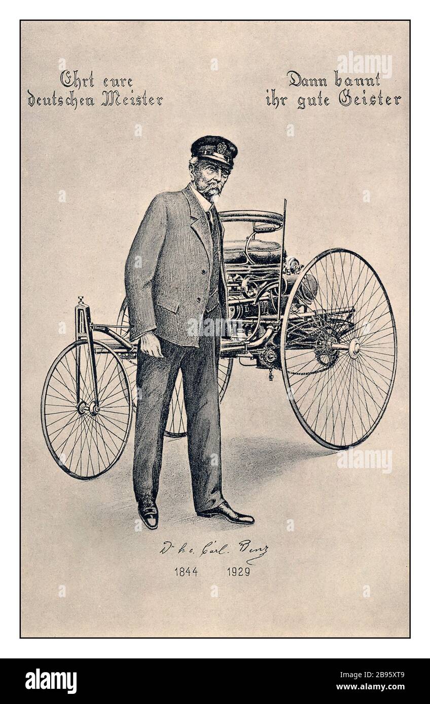 Vintage-Archiv CARL BENZ Benz Patent-Motorwagen. Ehren Sie Ihre deutschen Meister Postkarte / Carl Benz 1844-1929 / ehren Sie Ihre deutschen Meister / dann verbannen Sie gute Geister Gedenkkarte Carl Benz 1844-1929 Karl Benz' berühmter Benz Patent-Motorwagen von 1885 hat ein fahrradgestütztes Design integriert, das es leicht und effizient, aber schwer zu kontrollieren machte. Dennoch wurde das Auto im Jahr 1886 patentiert, bis zum Jahr 1888 wurde es für den öffentlichen Kauf freigegeben. Stockfoto