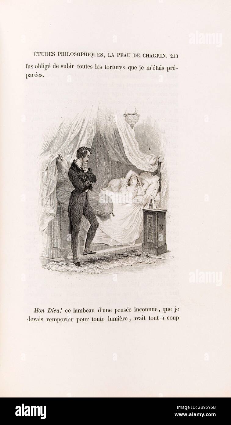 [Raphael de Valentin erwägt Foedora schlafend] Anonyme. 'La Peau de chagrin', roman d'Honoré de Balzac (1799-1850), édition illustrie. "Raphaël de Valentin contemplant Foedora endormie". Tiefdruck sur acier. Edition H. Delloye et Victor Lecou, im Jahr 1838. Paris, Maison de Balzac. Stockfoto