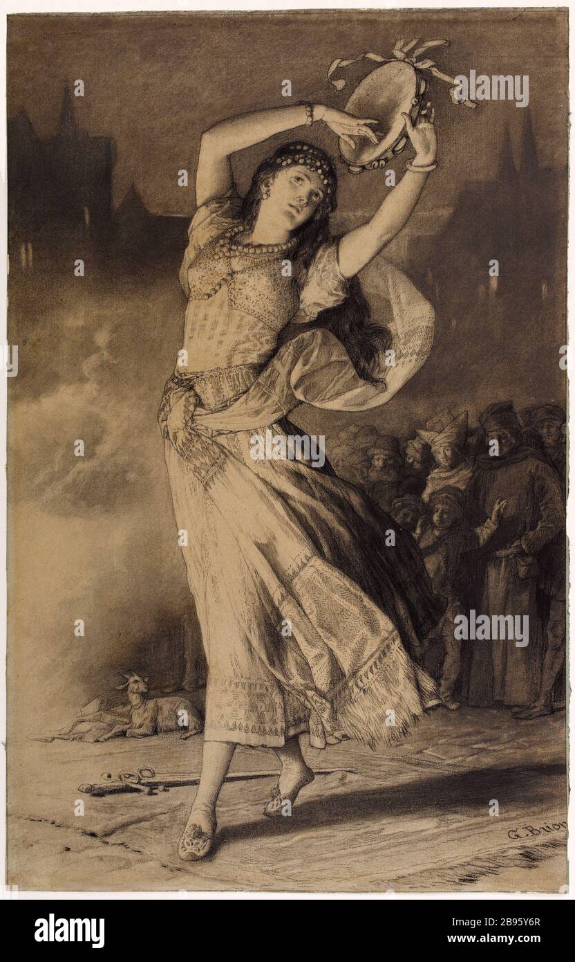 La Esmeralda. Illustration für eine ältere Version des Hugh Victor Hugo-Romans "Notre Dame de Paris". Gustave Brion (1824-1877). La Esmeralda. Illustration für l'éditon Hugues du roman de Victor Hugo "Notre-Dame de Paris". Fusain sur Papier. 1877. Paris, Maison de Victor Hugo. Stockfoto