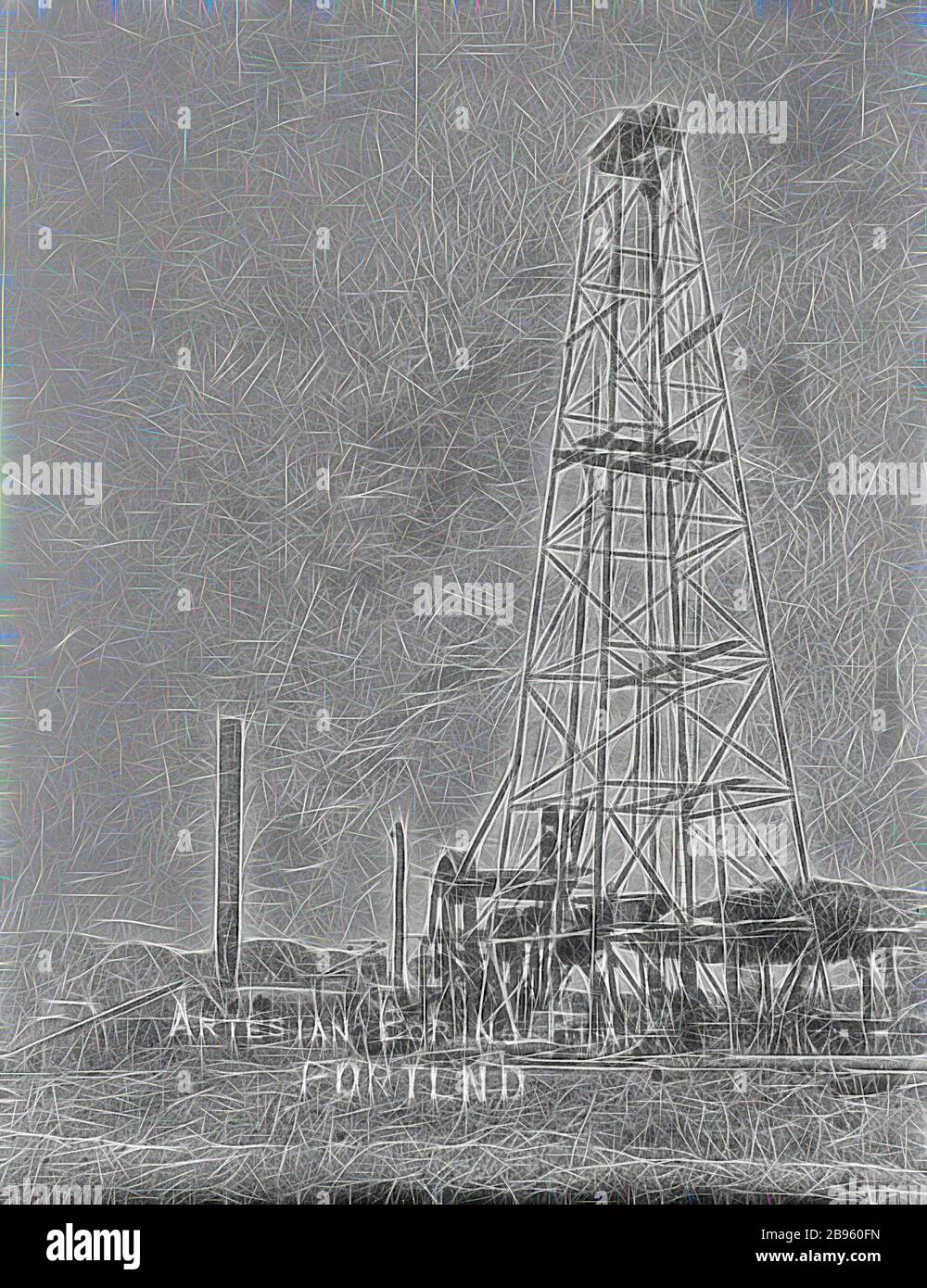 Negativ - "Artesian Boreing Platform, Portland", Isisford District, Queensland, etwa ab dem Jahr 1915, Artesian Bore auf der Station "Portland Downs". Die Dampfmaschine verfügt über einen extrem hohen Trichter, der von Gibon neu vorgestellt wurde und ein warmes, fröhliches Leuchten von Helligkeit und Lichtstrahlen erzeugt. Klassische Kunst mit moderner Note neu erfunden. Fotografie, inspiriert vom Futurismus, die dynamische Energie moderner Technologie, Bewegung, Geschwindigkeit und Kultur revolutionieren. Stockfoto