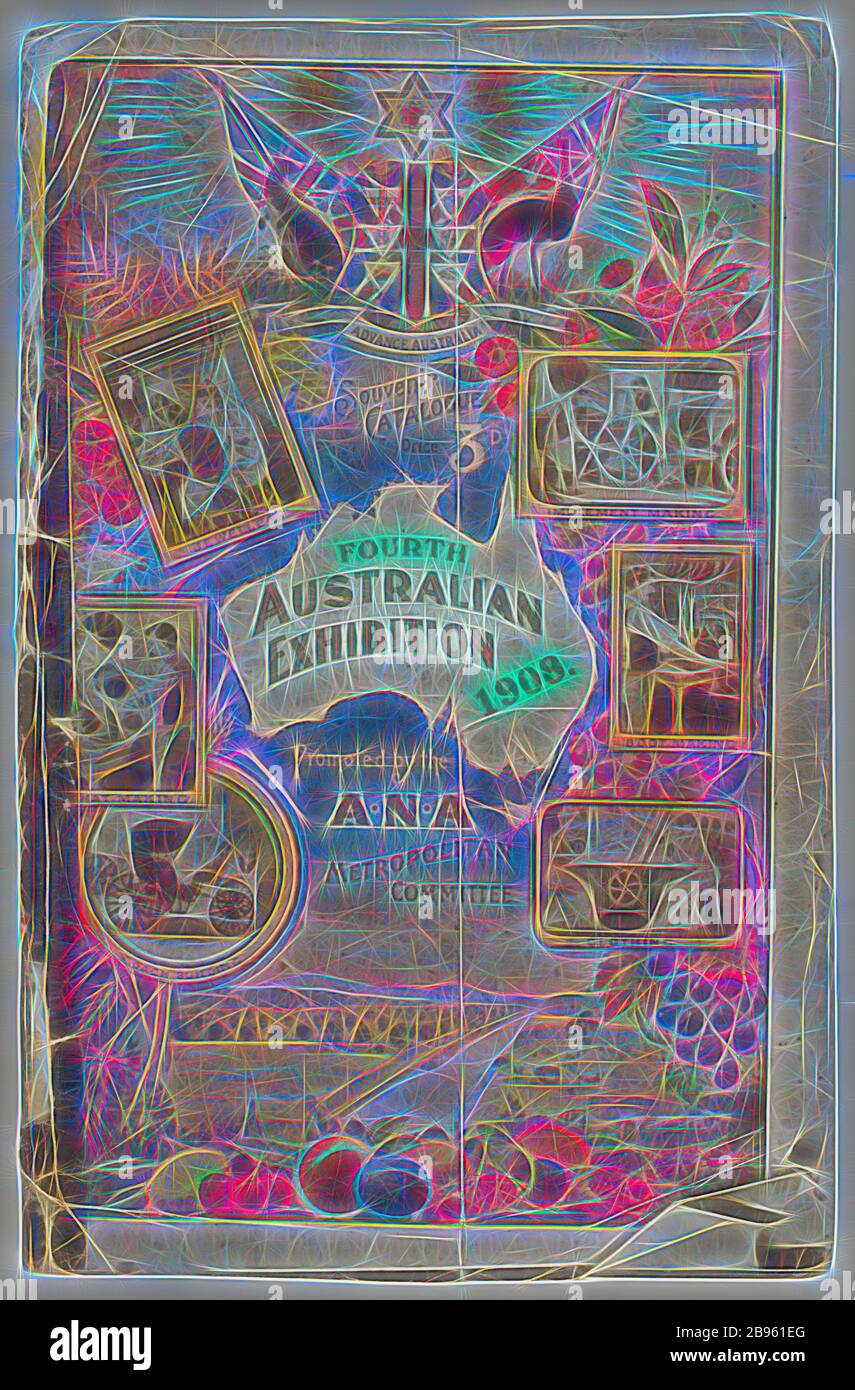 Katalog - ANA, Vierte Australische Ausstellung, Jan-Feb. 1908, Souvenirkatalog für die Vierte Australische Ausstellung, gefördert von der Australian Natives Association (ANA), und veranstaltet im (Royal) Exhibition Building, 25. Januar bis 22. Februar 1908., von Gibon neu vorgestellt, Design von warmem, fröhlichem Leuchten von Helligkeit und Lichtstrahlen. Klassische Kunst mit moderner Note neu erfunden. Fotografie, inspiriert vom Futurismus, die dynamische Energie moderner Technologie, Bewegung, Geschwindigkeit und Kultur revolutionieren. Stockfoto
