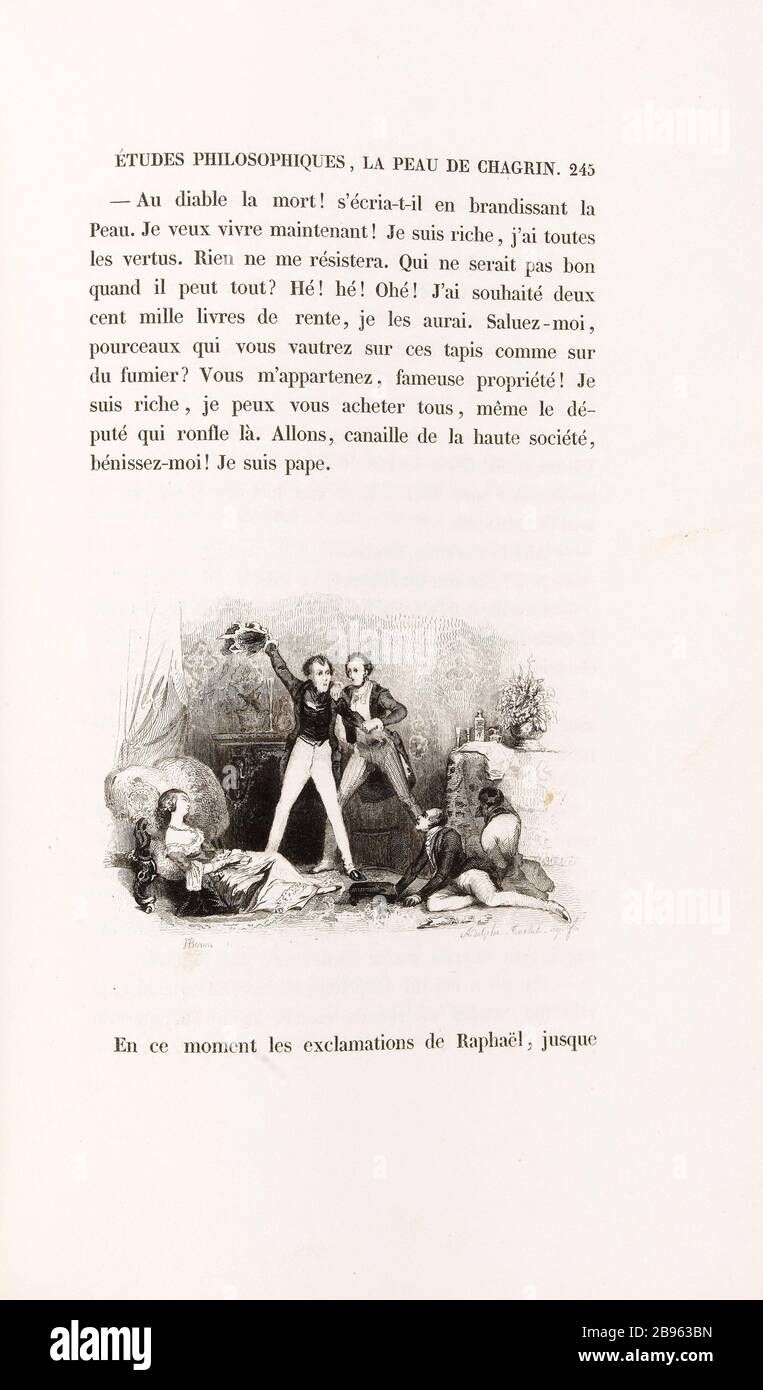 "Zur Hölle mit dem Tod! Wenn er weinte, brannte die Haut ab. Ich möchte jetzt leben! '' Henri-Charles-Antoine Baron (1816-1885) et Adolphe Torlet. 'La Peau de chagrin', roman d'Honoré de Balzac (1799-1850), édition illustrie. "Au diable la mort! S'écria-t-il en brandisant la Peau. Je veux vivre Hauptmieter!'. Eau-forte. Im Jahre 182. Paris, Maison de Balzac. Stockfoto