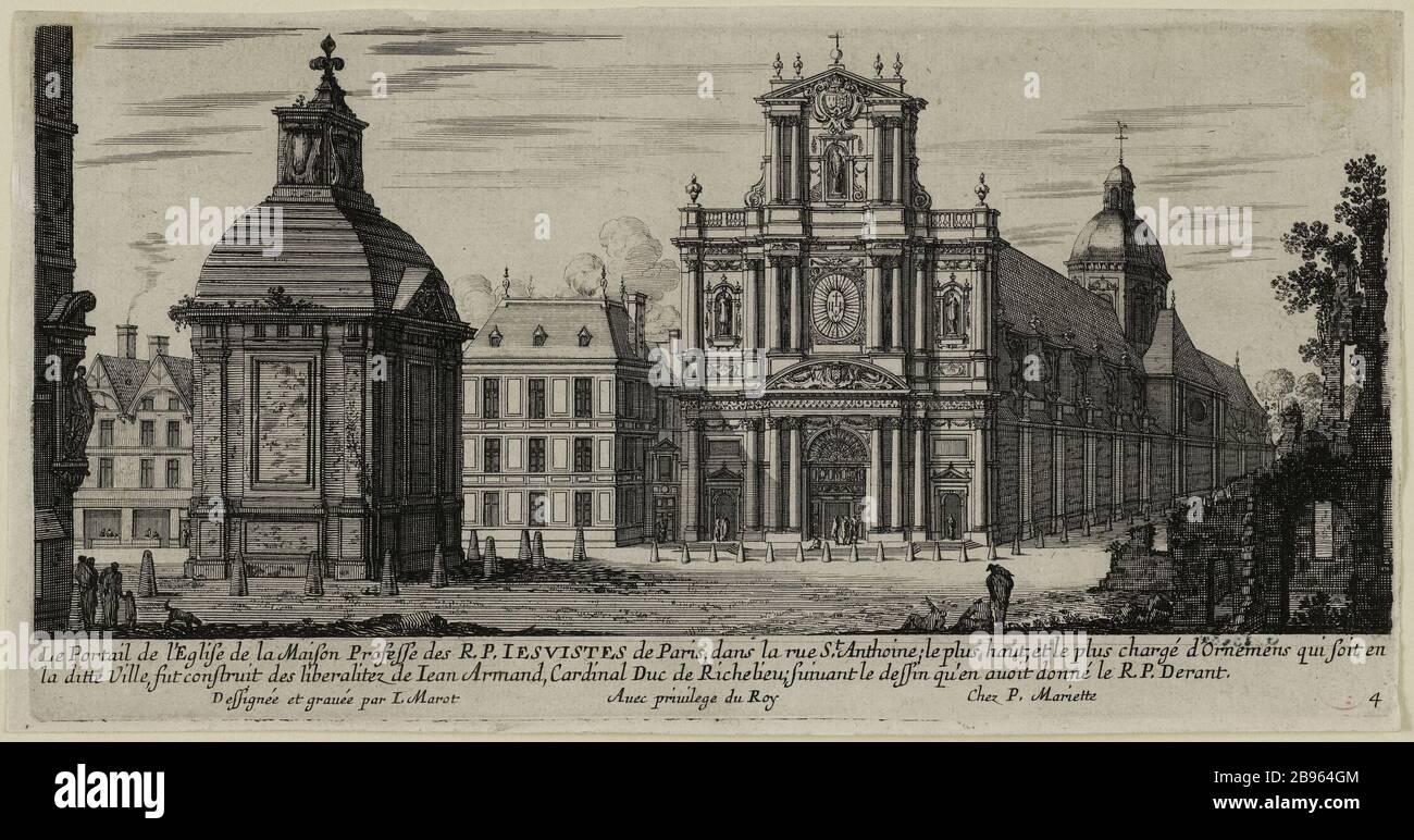 Das Kirchenportal des bekennenden Hauses Jésuistes R. P. von Paris in der Rue St Antoine; die höchsten und verantwortungsbewußten Verzierungen, die sich in der sogenannten Stadt befinden, wurden aus der Liberalität Iean Armand, Duc de Richelieu Cardinal, nach dem Entwurf errichtet, der die R.P. erhalten hatte Derant. Jean Marot (1619-1679).Portail de l'Eglise Saint-Paul-Saint-Louis, rue Saint-Antoine. Paris (IVème arr.), XVIIème siècle. Eau-forte. Paris, musée Carnavalet. Stockfoto