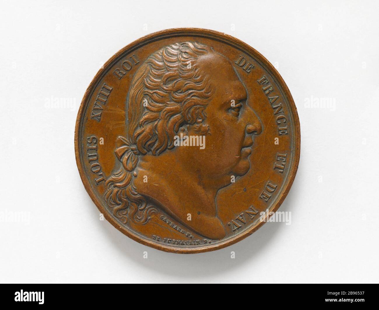 Grundsteinlegung der Bewilligung von Paris, 3. Mai 1822 Raymond Gayrard (1777-1858). Portrait de Louis XVIII, roi de France et de Navarra. (Autre face : pose de la première pierre de l'octroi de Paris, 3 Mai 1822). Bronze. 1822. Paris, musée Carnavalet. Stockfoto