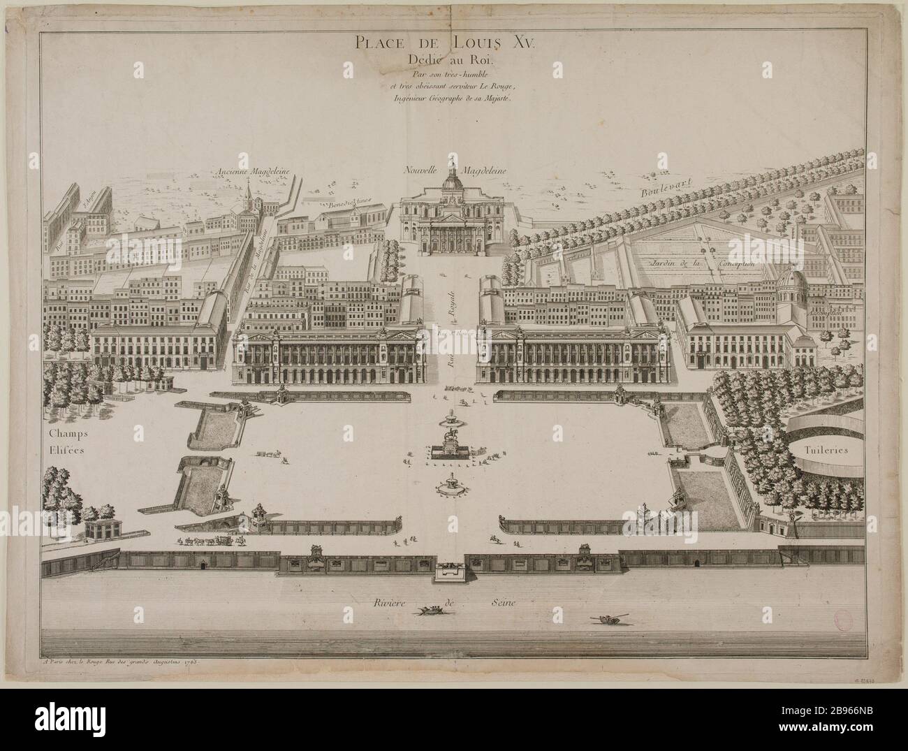 Place Louis XV / dem König gewidmet. Anonyme. Place de Louis XV Dédié au ROI. Eau-forte. Paris, musée Carnavalet. Stockfoto