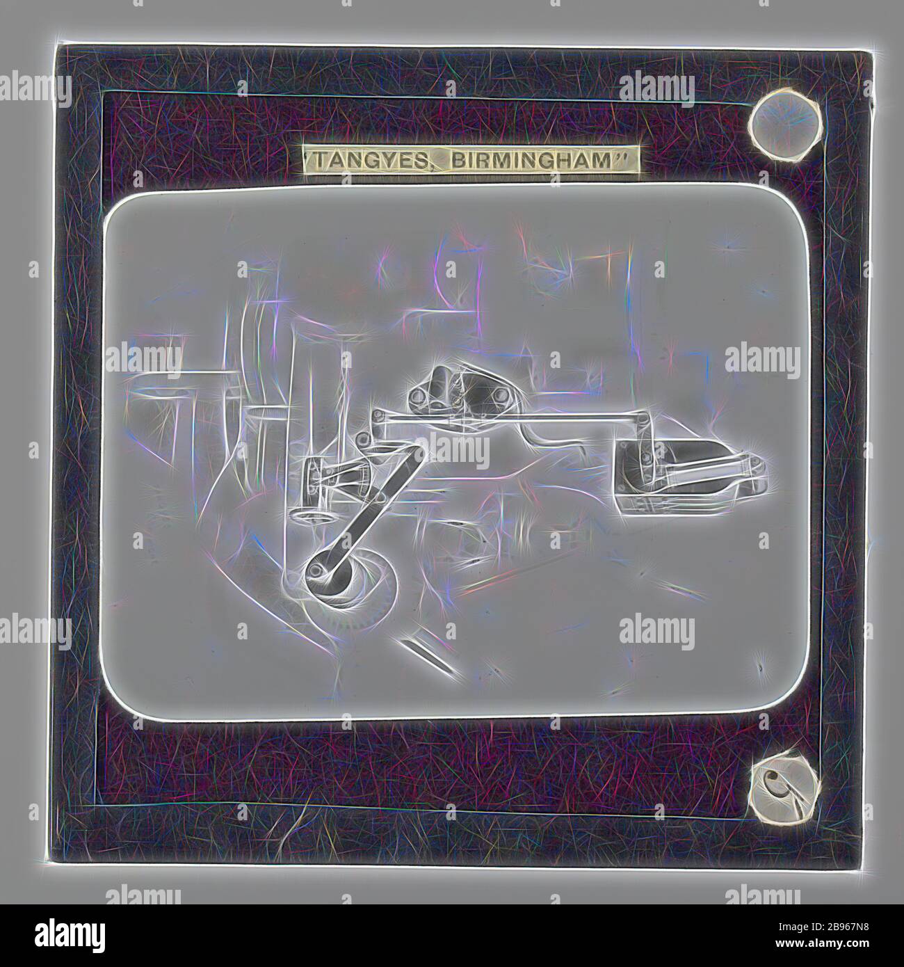 Laternenschieber - Tangyes Gasmotor Magneto und Ignitre, um 1910, Schwarz-Weiß Laternenschieber eines Tangye Gasmotor Magneto und Zündgerät. Eine von 239 Glas-Laternen-Dias, die Produkte von Tangyes Limited Ingenieure aus Birmingham, England hergestellt. Die Bilder umfassen verschiedene Produkte wie Motoren, Kreiselpumpen, Hydraulikpumpen, Gashersteller, Materialprüfmaschinen, Pressen, Werkzeugmaschinen, hydraulische Hebemaschinen usw. Tangyes war ein Unternehmen, das, von Gibon neu gestaltet, Design von warmen fröhlich glühen der Helligkeit und Lichtstrahlen Strahlkraft. Klassische Kunst neu erfunden mit einem modernen Twist. Stockfoto