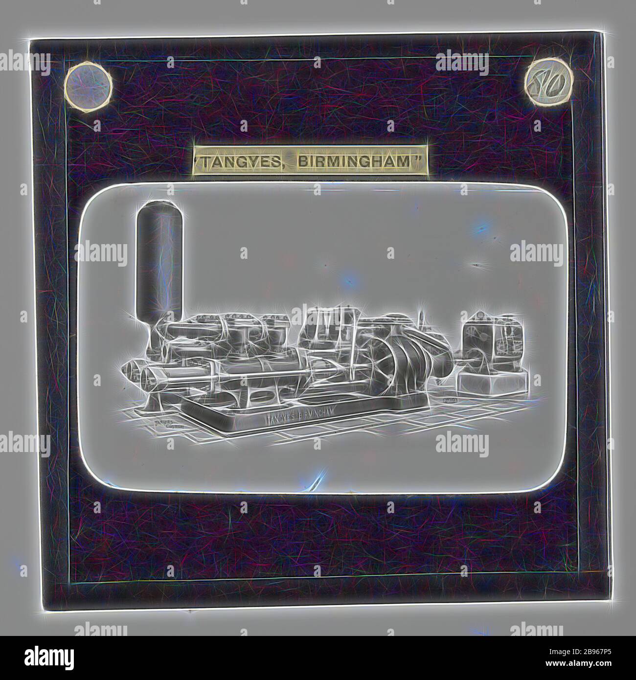 Laternenrutsche - Tangyes Ltd, Birmingham, England, um 1910, einer von 239 Glas-Laternenschiebeschienen, die Produkte von Tangyes Limited Ingenieure aus Birmingham, England, darstellen. Die Bilder umfassen verschiedene Produkte wie Motoren, Kreiselpumpen, Hydraulikpumpen, Gashersteller, Materialprüfmaschinen, Pressen, Werkzeugmaschinen, hydraulische Hebemaschinen usw. Tangyes war ein Unternehmen, das von 1857 bis 1957 betrieben wurde. Sie produzierten eine Vielzahl von Engineering, Reimagined von Gibon, Design von warmen fröhlich glühen von Helligkeit und Lichtstrahlen Ausstrahlung. Klassische Kunst neu erfunden mit einem modernen Twist. Photogr Stockfoto