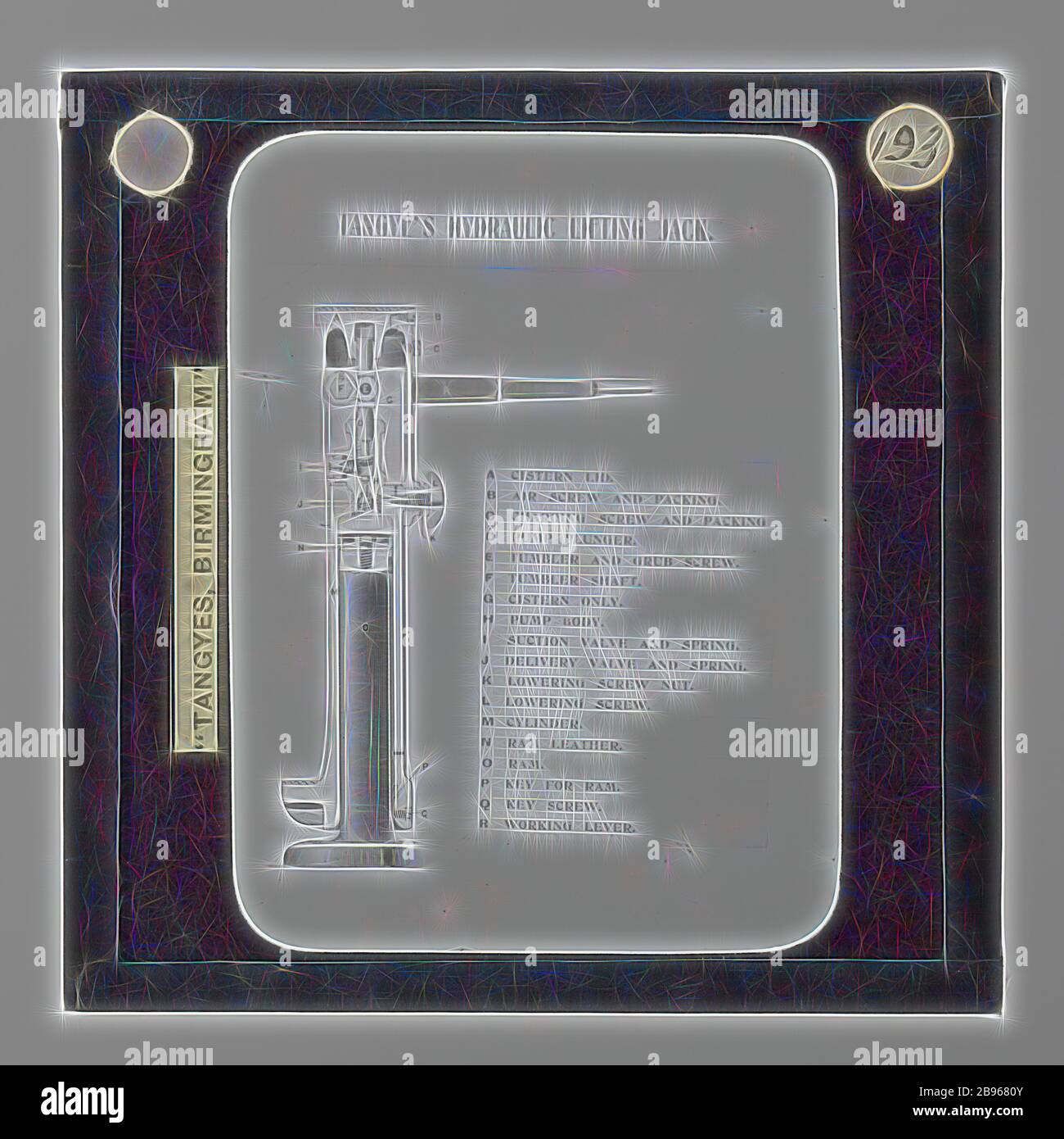 Laternenrutsche - Tangyes Ltd, Lifting Jack Diagram, um 1910, einer von 239 Glas-Laternenschieben, die Produkte von Tangyes Limited Ingenieure aus Birmingham, England, hergestellt zeigen. Die Bilder umfassen verschiedene Produkte wie Motoren, Kreiselpumpen, Hydraulikpumpen, Gashersteller, Materialprüfmaschinen, Pressen, Werkzeugmaschinen, hydraulische Hebemaschinen usw. Tangyes war ein Unternehmen, das von 1857 bis 1957 betrieben wurde. Sie produzierten eine Vielzahl von Engineering, Reimagined von Gibon, Design von warmen fröhlich glühen von Helligkeit und Lichtstrahlen Ausstrahlung. Klassische Kunst neu erfunden mit einem modernen Twist. Foto Stockfoto