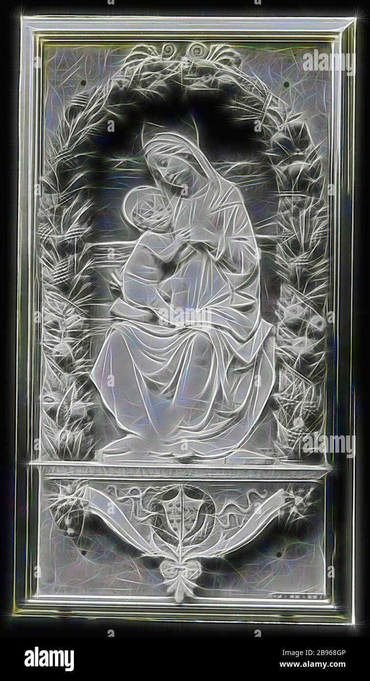 Laternenrutsche - 'Virgin and Child', Victoria & Albert Museum, London, 1909-1930, eine von neunzig magischen Laternenrutschen, die Bilder von Artefakten, Kunstwerken, dekorativer Kunst, Innenräumen und Möbeln enthalten, die zu verschiedenen Museums- und Galeriesammlungen im Vereinigten Königreich gehören. Diese Folie zeigt ein Relief mit dem Titel "Jungfrau und Kind" des italienischen Bildhauers Andrea della Robbia, um 1487-1488. Dieses Relief ist Teil der Sammlung im Victoria & Albert Museum, neu gestaltet von Gibon, Design von warmen fröhlich glühen von Helligkeit und Lichtstrahlen Ausstrahlung. Klassische Kunst neu erfunden mit Stockfoto