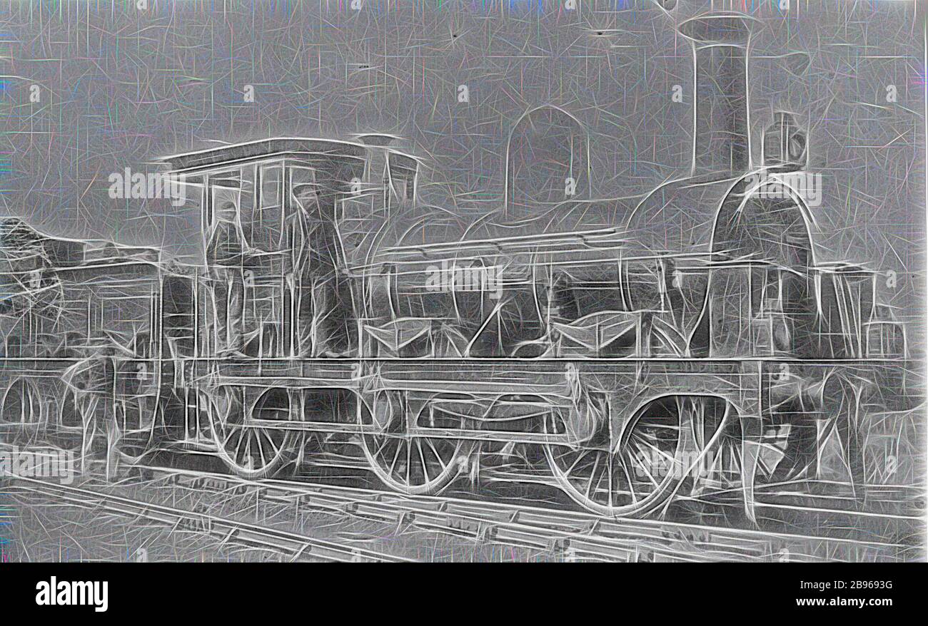 Negativ - die Besatzung der O-Klasse 0-6-0-Dampflok Nr.23, Victoria, um 1870, EINE Lokbesatzung und ein anderer Mann posierte auf der Dampflok Nr.23 der O-Klasse 0-6-0, gebaut von Slaughter, Gruning & Co, Bristol. Diese Lok erlitt am 28. August 1873 eine Kesselexplosion auf dem Telegraph Hill bei Geelong., von Gibon neu vorgestellt, Design eines warmfröhlichen Lichts von Helligkeit und Lichtstrahlen. Klassische Kunst mit moderner Note neu erfunden. Fotografie, inspiriert vom Futurismus, die dynamische Energie moderner Technologie, Bewegung, Geschwindigkeit und Kultur revolutionieren. Stockfoto