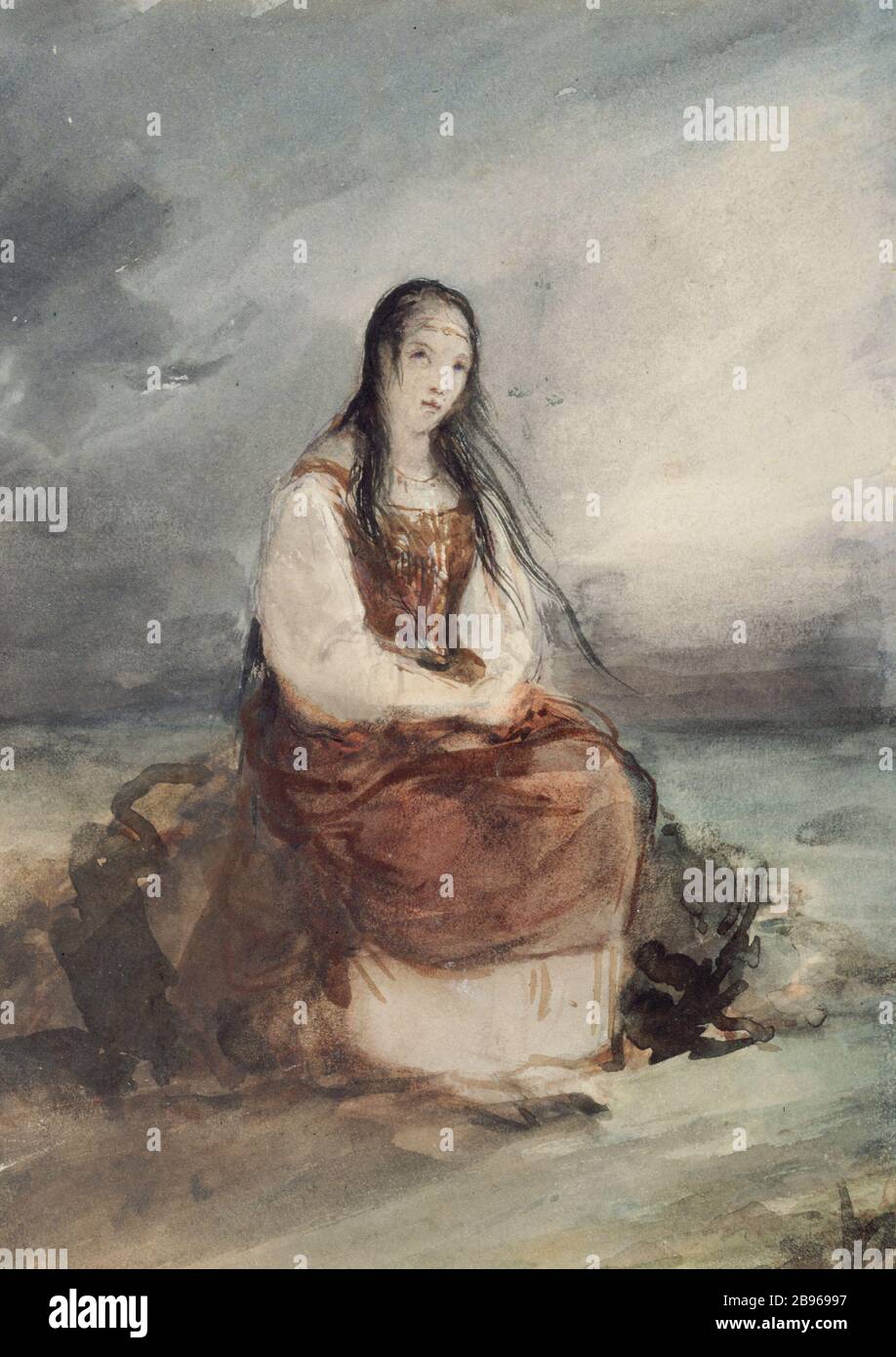 MÄDCHEN IM MEER Ary Scheffer (1795-1858). "Jeune fille au bord de la mer". Aquarelle. Paris, musée de la Vie romantique. Stockfoto