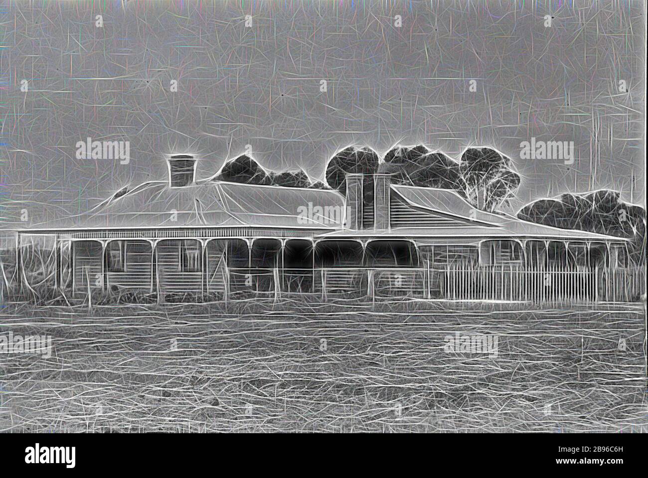 Negativ - Cotswold, Maryborough, Victoria, um das Jahr 1915, die Familie J. Nicols. Das Haus ist eingeschossiges Wetterbrett mit gemauerten Kaminen und Schlafenden. Es befindet sich in einem gerodeten ländlichen Gebiet, das von Gibon neu vorgestellt wurde und ein warmes, fröhliches Leuchten von Helligkeit und Lichtstrahlen ausstrahlt. Klassische Kunst mit moderner Note neu erfunden. Fotografie, inspiriert vom Futurismus, die dynamische Energie moderner Technologie, Bewegung, Geschwindigkeit und Kultur revolutionieren. Stockfoto