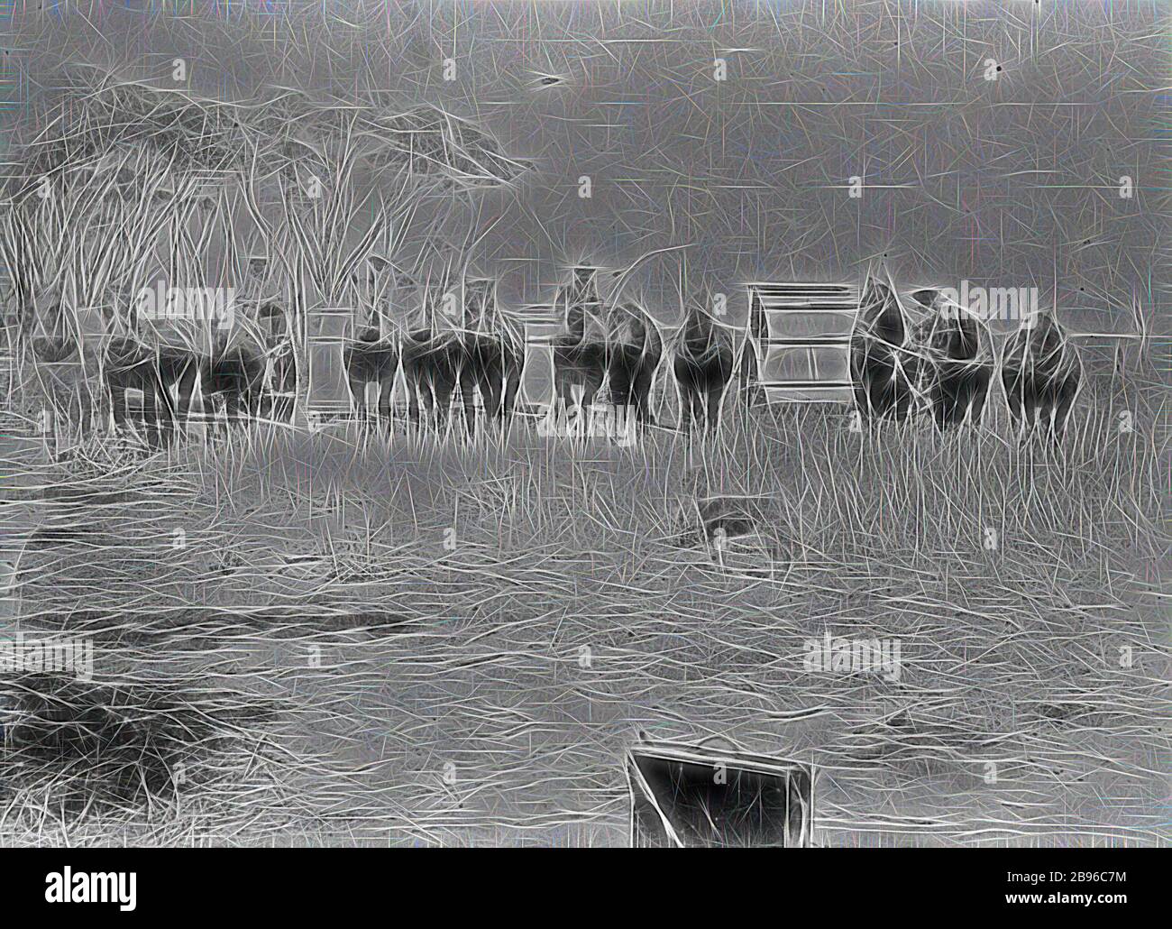 Negativ - Stripper-Harvester, Hopetoun East, Victoria, ca. 1890, vier 5 Fuß Stripper-Harvester mit Pferdemannschaften. Im Vordergrund steht eine Aktentasche, möglicherweise die des Fotografen, die von Gibon neu vorgestellt wird und das Design von warmfröhlichem Leuchten von Helligkeit und Lichtstrahlen ausstrahlt. Klassische Kunst mit moderner Note neu erfunden. Fotografie, inspiriert vom Futurismus, die dynamische Energie moderner Technologie, Bewegung, Geschwindigkeit und Kultur revolutionieren. Stockfoto