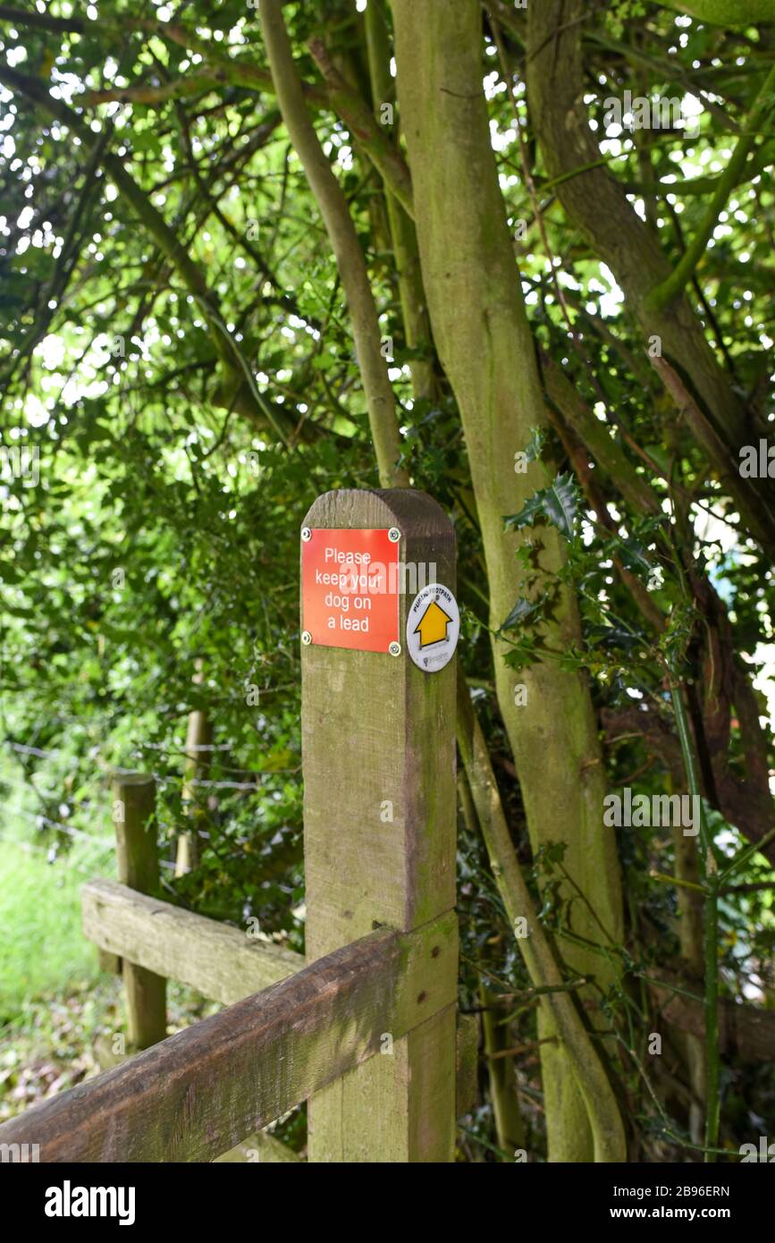 Stille auf dem britischen Shropshire Way Fußweg mit Hinweisschildern, die die Richtung angeben und um Hundekontrolle bitten. Stockfoto