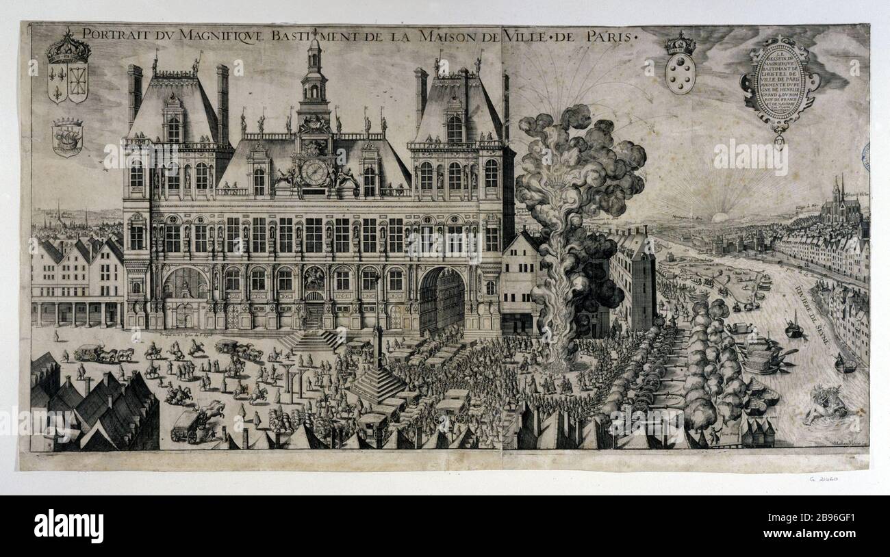 PORTRÄT DES SCHÖNEN GEBÄUDES DER STADT PARIS Matthäus Merian (1593-1650) d'après Claude Chastillon (1559-1616). "Portrait du magnifique bâtiment de la ville de Paris". Vers 1610. Tiefdruck. Paris, musée Carnavalet. Stockfoto
