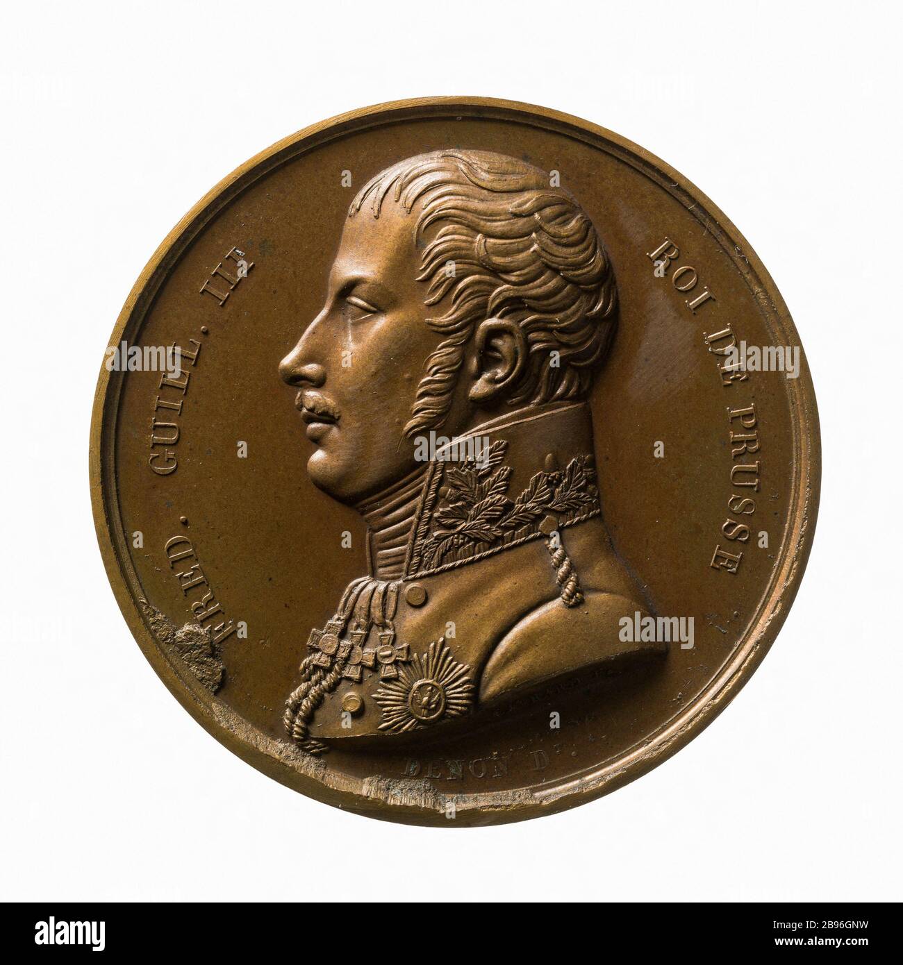 Besuchen Sie Friedrich Wilhelm III (1770-1840), König von Preßburg (177-1840), die Mint-Medaille, Bertrand Andrieu (1761-1822) und Dominique Vivant-Denon (1747-1825). Visite de Frédéric-Guillaume III (1770-1840), roi de Prusse (177-1840), à la Monnaie des médailles, 1814. Bronze. Paris, musée Carnavalet. Stockfoto