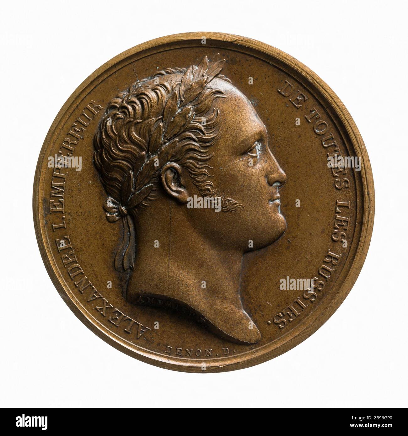 Besuch von Alexander I. (1778-1825), Kaiser von Russland (1801-1825), der Mint-Medaille, von Bertrand Andrieu (1761-1822) und von Dominique Vivant-Denon (1747-1825). Visite d'Alexandre Ier (1778-1825), empereur de Russie (1801-1825), à la Monnaie des médailles, 1814. Bronze. Paris, musée Carnavalet. Stockfoto