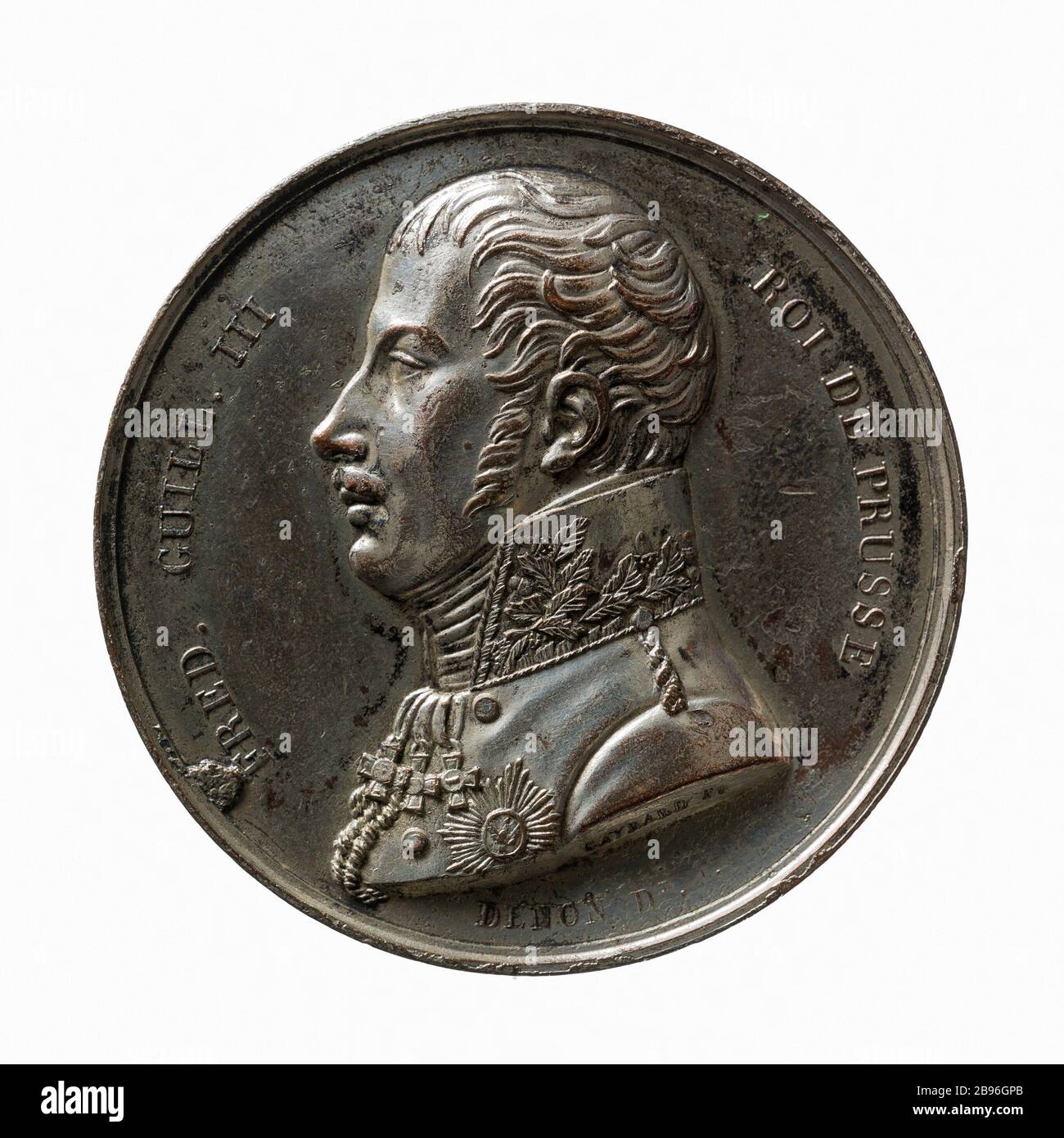 Besuchen Sie Friedrich Wilhelm III (1770-1840), König von Preßburg (177-1840), die Mint-Medaille, Bertrand Andrieu (1761-1822) und Dominique Vivant-Denon (1747-1825). Visite de Frédéric-Guillaume III (1770-1840), roi de Prusse (177-1840), à la Monnaie des médailles, 1814. Bronze argenté. 1814-1814. Paris, musée Carnavalet. Stockfoto