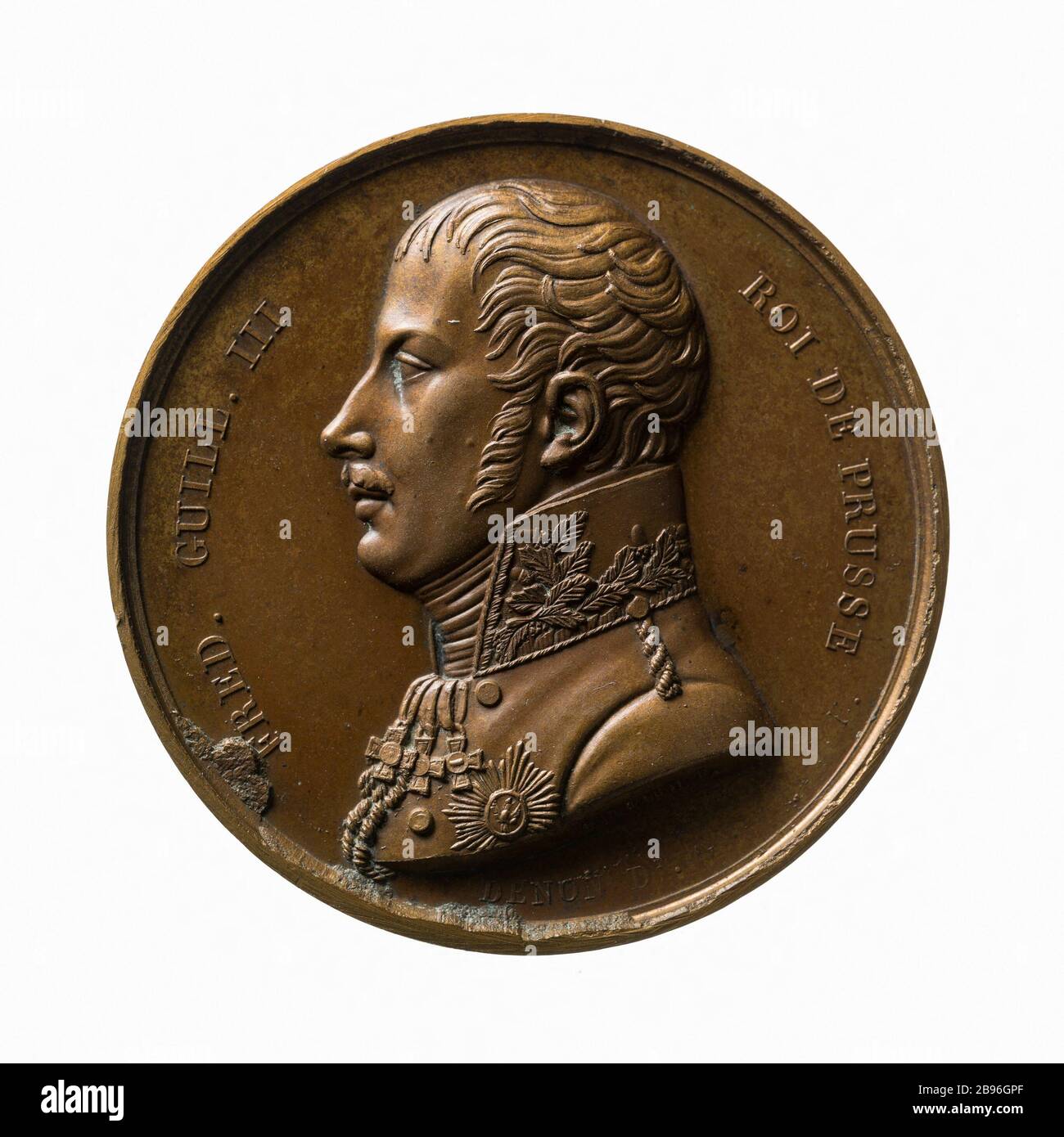 Besuchen Sie Friedrich Wilhelm III (1770-1840), König von Preßburg (177-1840), die Mint-Medaille, Bertrand Andrieu (1761-1822) und Dominique Vivant-Denon (1747-1825). Visite de Frédéric-Guillaume III (1770-1840), roi de Prusse (177-1840), à la Monnaie des médailles, 1814. Bronze. Paris, musée Carnavalet. Stockfoto