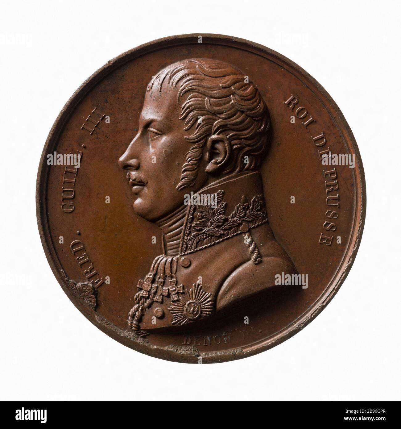 Besuchen Sie Friedrich Wilhelm III (1770-1840), König von Preßburg (177-1840), die Mint-Medaille, Bertrand Andrieu (1761-1822) und Dominique Vivant-Denon (1747-1825). Visite de Frédéric-Guillaume III (1770-1840), roi de Prusse (177-1840), à la Monnaie des médailles, 1814. Bronze. Paris, musée Carnavalet. Stockfoto