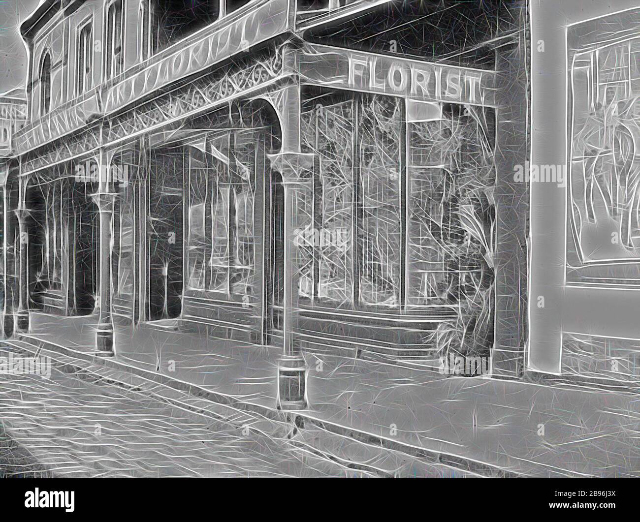 Negativ - Fitzroy, Victoria, um das Jahr 1915, EIN Blumengeschäft mit dem Schild "W.H. Banks Art Florist". Im Vordergrund steht ein breiter Blausteinrinnstein und Kopfsteinpflaster, der von Gibon neu vorgestellt wird und ein warmes, fröhliches Leuchten von Helligkeit und Lichtstrahlen ausstrahlt. Klassische Kunst mit moderner Note neu erfunden. Fotografie, inspiriert vom Futurismus, die dynamische Energie moderner Technologie, Bewegung, Geschwindigkeit und Kultur revolutionieren. Stockfoto