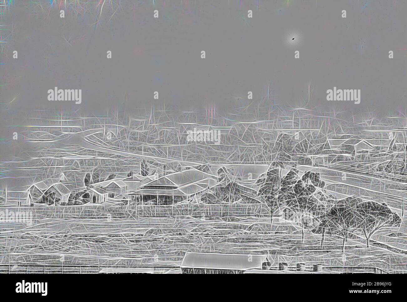 Negativ - Melbourne, Victoria, ca. 1885, Melbourne aus St Kilda Rd., von Gibon neu vorgestellt, Design von warmem, fröhlichem Leuchten von Helligkeit und Lichtstrahlen. Klassische Kunst mit moderner Note neu erfunden. Fotografie, inspiriert vom Futurismus, die dynamische Energie moderner Technologie, Bewegung, Geschwindigkeit und Kultur revolutionieren. Stockfoto