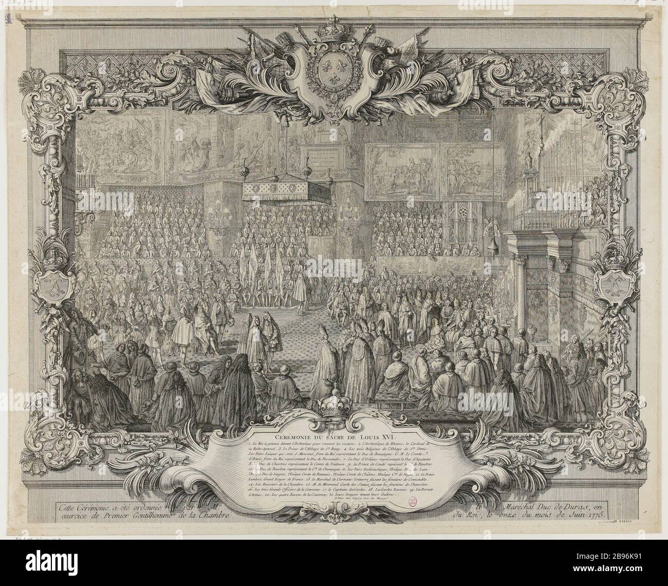 Die Krönungsfeier von Ludwig XVI. [...] wurde von Marschall Duc de Duras in Ausübung des ersten Herrn der Kammer des Königs, dem 11. Juni 1775 Anonyme/chez Bligny, angeordnet. "Cérémonie du sacre de Louis XVI. [...…] cette cérémonie a été ordonnée par Mr le Maréchal Duc de Duras, en exercice de Premier gentilhomme de la chambre du roi, le onze du mois de juin 1775". Eau-forte. Paris, musée Carnavalet. Stockfoto