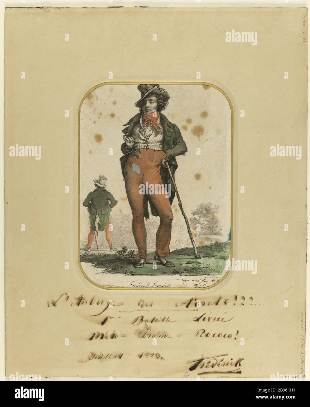 FREDERIC LEMAÎTRE IN HOSTEL ADRETS (THEATER OF MISSVERSTÄNDLICHE, 2. Juli 1823) Pierre Langlumé (actif entre, 1820 und 1840). "Frédéric Lemaître dans l'Auberge des Adrets (Théâtre de l'Ambigu, 2 Juillet 1823)". Lithographie coloriée. Paris, musée Carnavalet. Stockfoto