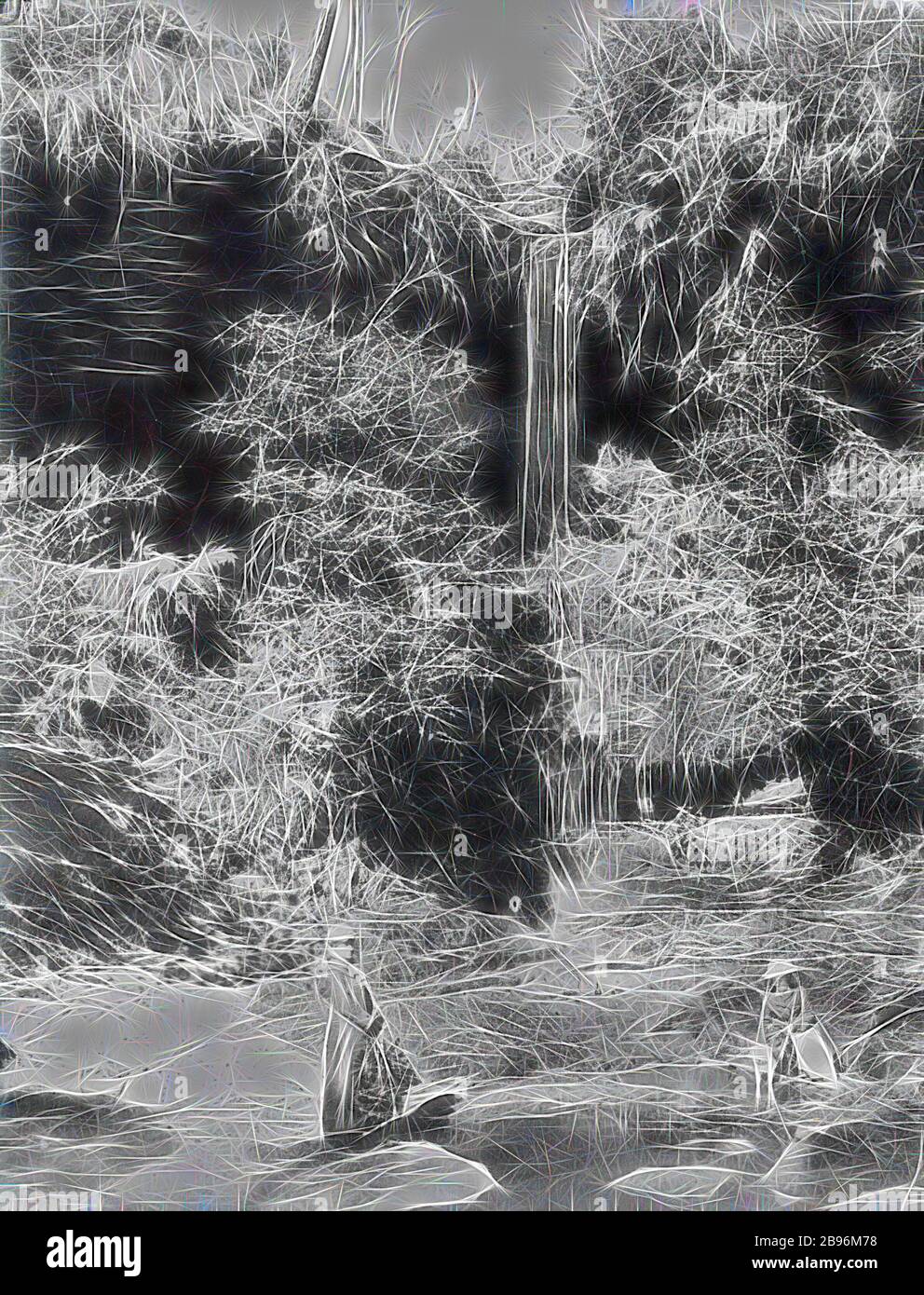 Negativ - Mount Victoria, New South Wales, um das Jahr 1880, zwei Frauen und ihre Hunde am Fairy Dell Wasserfall., von Gibon neu vorgestellt, Design von warmem, fröhlichem Leuchten von Helligkeit und Lichtstrahlen. Klassische Kunst mit moderner Note neu erfunden. Fotografie, inspiriert vom Futurismus, die dynamische Energie moderner Technologie, Bewegung, Geschwindigkeit und Kultur revolutionieren. Stockfoto