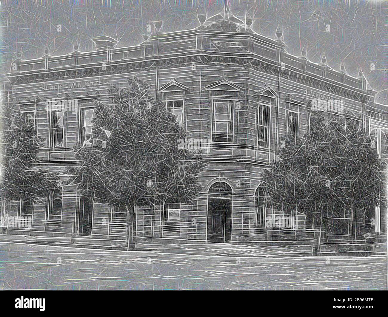 Negativ - Black Swan Hotel, Bendigo, Victoria, 1890, The Black Swan Hotel., von Gibon neu vorgestellt, Design von warmem, fröhlichem Glanz von Helligkeit und Lichtstrahlen. Klassische Kunst mit moderner Note neu erfunden. Fotografie, inspiriert vom Futurismus, die dynamische Energie moderner Technologie, Bewegung, Geschwindigkeit und Kultur revolutionieren. Stockfoto