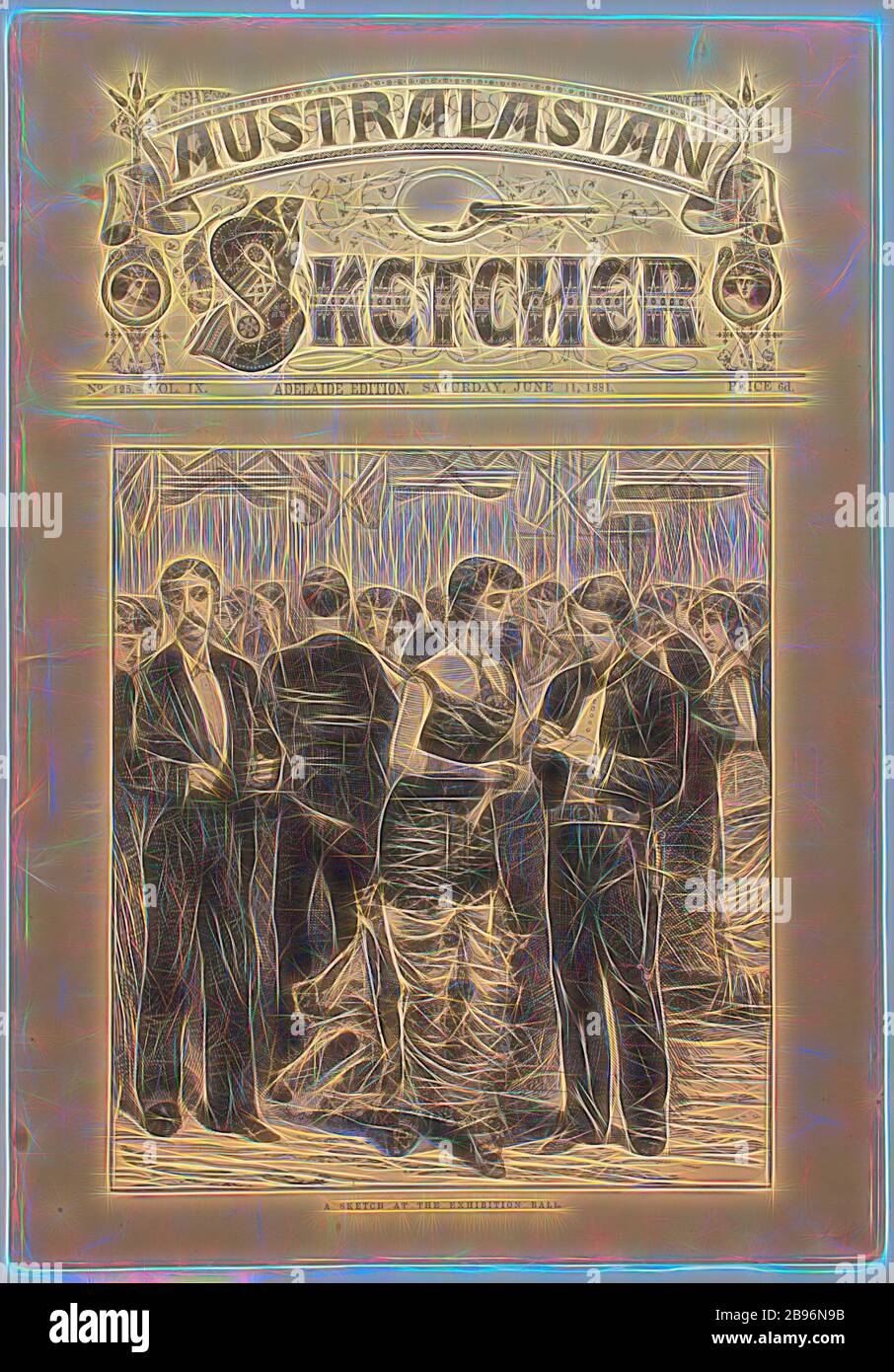 Zeitung - 'A Sketch at the Exhibition Ball', The Australasian Sketcher, Adelaide, 11. Juni 1881, Kopie des Australasian Sketcher, Adelaide Ausgabe, 11. Juni 1881 (pp177-92), herausgegeben von G.N. UND W.H. Birks, Adelaide. Die Abbildung auf der Titelseite zeigt den Ausstellungsball, der am 1. Juni 1881 im Ausstellungsgebäude zum Abschluss der Melbourne International Exhibition stattfand. Die Zeitung enthält Illustrationen und ausführlichen Text mit Artikeln über die Ausstellung. Der Ball war, von Gibon neu gestaltet, Design von warmen fröhlich glühen von Helligkeit und Lichtstrahlen Ausstrahlung. Klassische Kunst im Züder Stockfoto