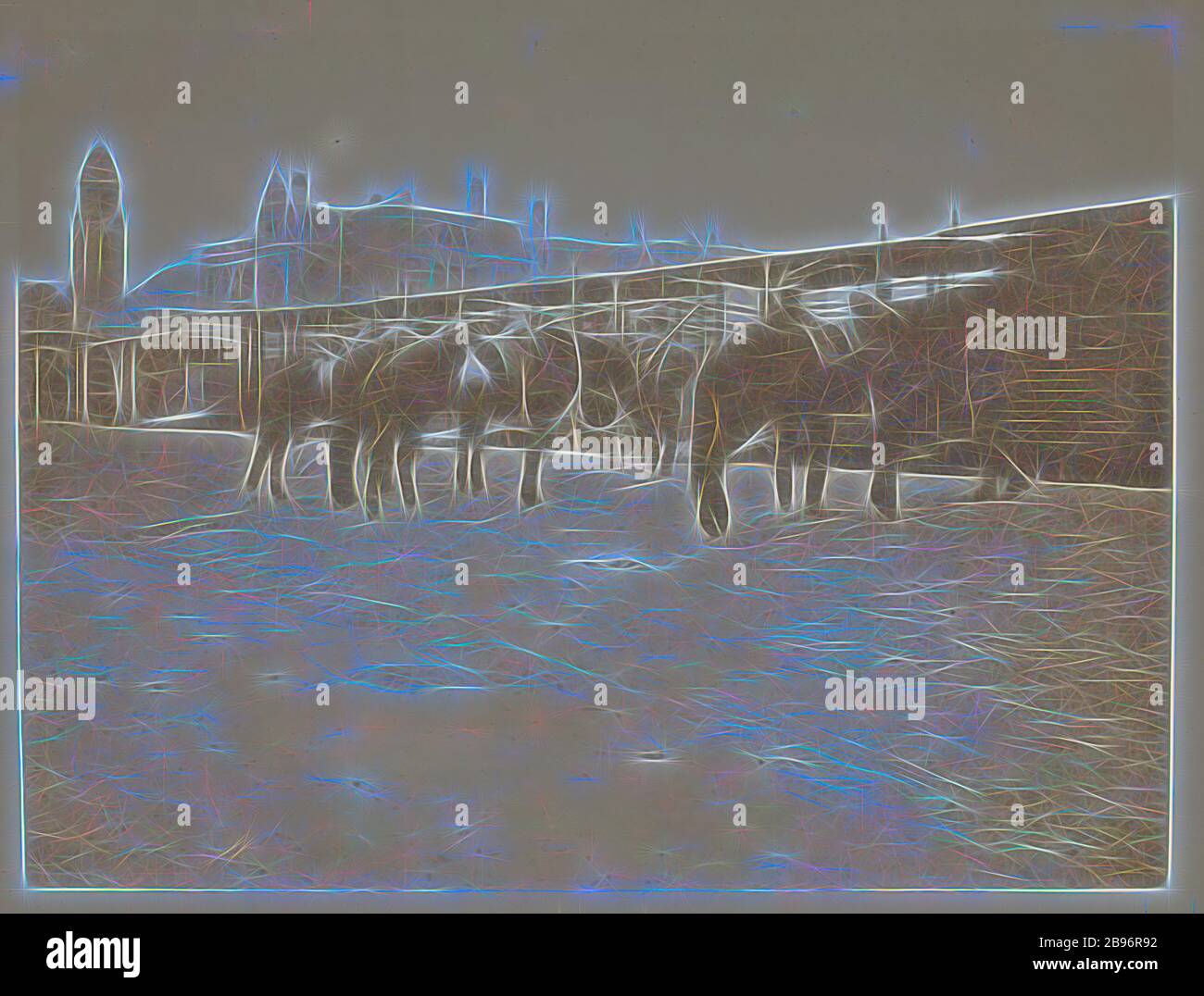 Foto - 'Getting the Horses aboard', Ägypten, Captain Edward Albert McKenna, erster Weltkrieg, 4. Februar 1915, eines von 108 Bildern in einem Album aus dem Ersten Weltkrieg, wahrscheinlich von Captain Edward Albert McKenna aufgenommen worden sein. Das Album enthält Fotografien des 7. Bataillons in Ägypten. Bild von Pferden, die in den Zug geladen werden, um sie nach Ismalia zu bringen. Nach seinen Kriegstagebüchern erhielt das 7. Bataillon den Befehl, am 2. Februar 1915 nach Ismalia zu ziehen, und nach der Inschrift war dieses Bild, von Gibon neu gestaltet, Entwurf des warmen fröhlichen Glühen der Helligkeit und der Lichtstrahlen Ausstrahlung. Klasse Stockfoto