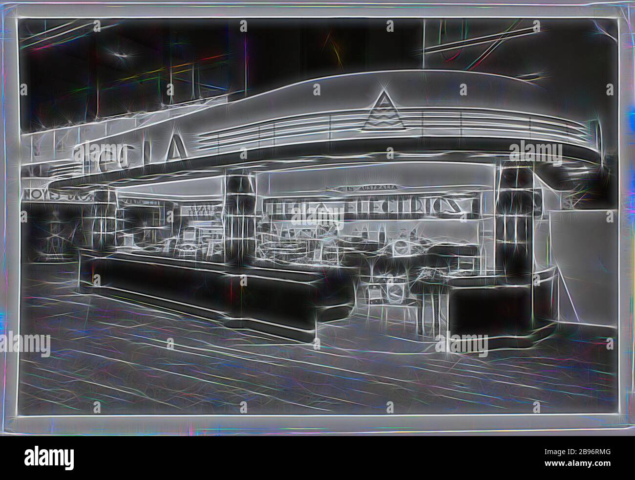 Foto - Hecla Electrics Pty Ltd, Messe-Display für Elektrogeräte, um 1940, Schwarz-Weiß-Foto eines Hecla Electrics Displays auf einer Messe. Dieses Foto ist aus einem Album mit 255 Schwarz-Weiß-Fotografien mit Elektrogeräten, Ausstellungsräumen, Werksinnenräumen und Werbematerial zu Hecla Electrics Pty Ltd. Es ist Teil der Hecla Sammlung von Fotografien, Dokumenten, Produkten, Handbüchern und Werbematerialien von, Reimagined by Gibon, Design von warmen fröhlich glühen von Helligkeit und Lichtstrahlen Strahlkraft. Klassische Kunst neu erfunden Stockfoto