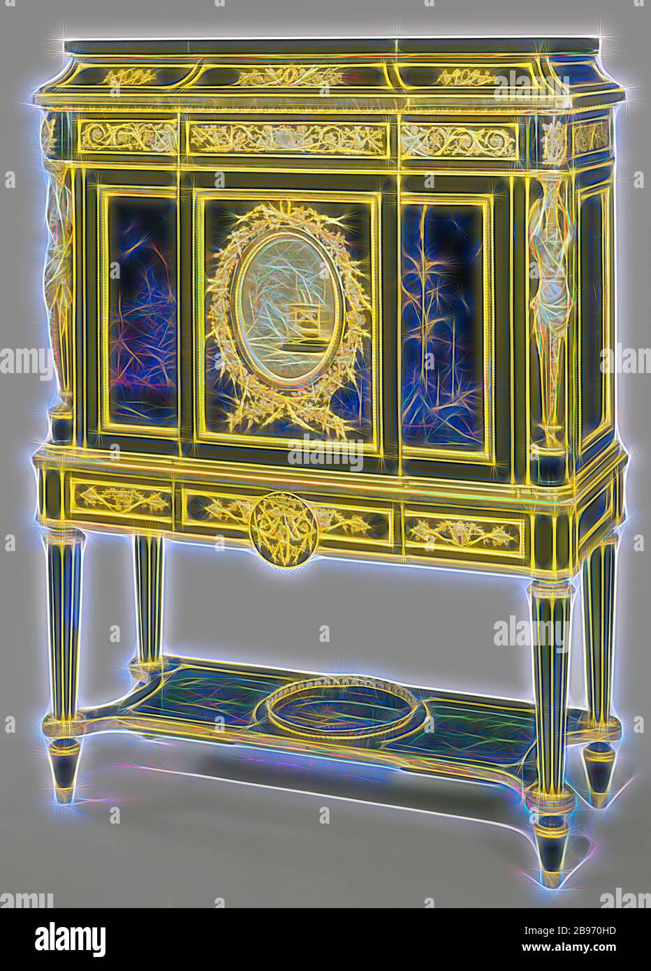 Secrétaire, zugeschrieben Jean-Henri Riesener (Französisch, 1734 - 1806 (Meister 1768), fournisseur du Garde-meuble Royal 1774 - 1784), Paris, Frankreich, um 1785, Eiche furniert mit Platten aus japanischem Lack und Ebenholz, Inneneinrichtung aus Mahagoni, vergoldete Bronzelager, schwarze Marmorplatte, 154.9 × 113 × 46.7 cm (61 × 44 1/2 × 18 3/8 in.), neu gestaltet von Gibon, Design von warmen fröhlich glühen von Helligkeit und Lichtstrahlen Strahlkraft. Klassische Kunst neu erfunden mit einem modernen Twist. Fotografie inspiriert von Futurismus, umarmt dynamische Energie der modernen Technologie, Bewegung, Geschwindigkeit und Kultur revolutionieren. Stockfoto