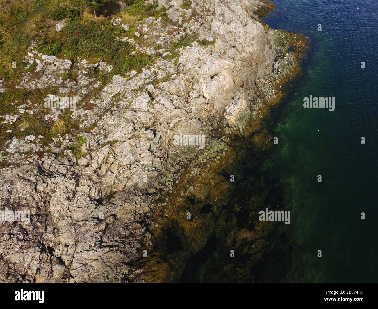 Blick auf die wunderschöne zerklüftete Küste mit Felsen und transparentem Wasser und Möwen Stockfoto