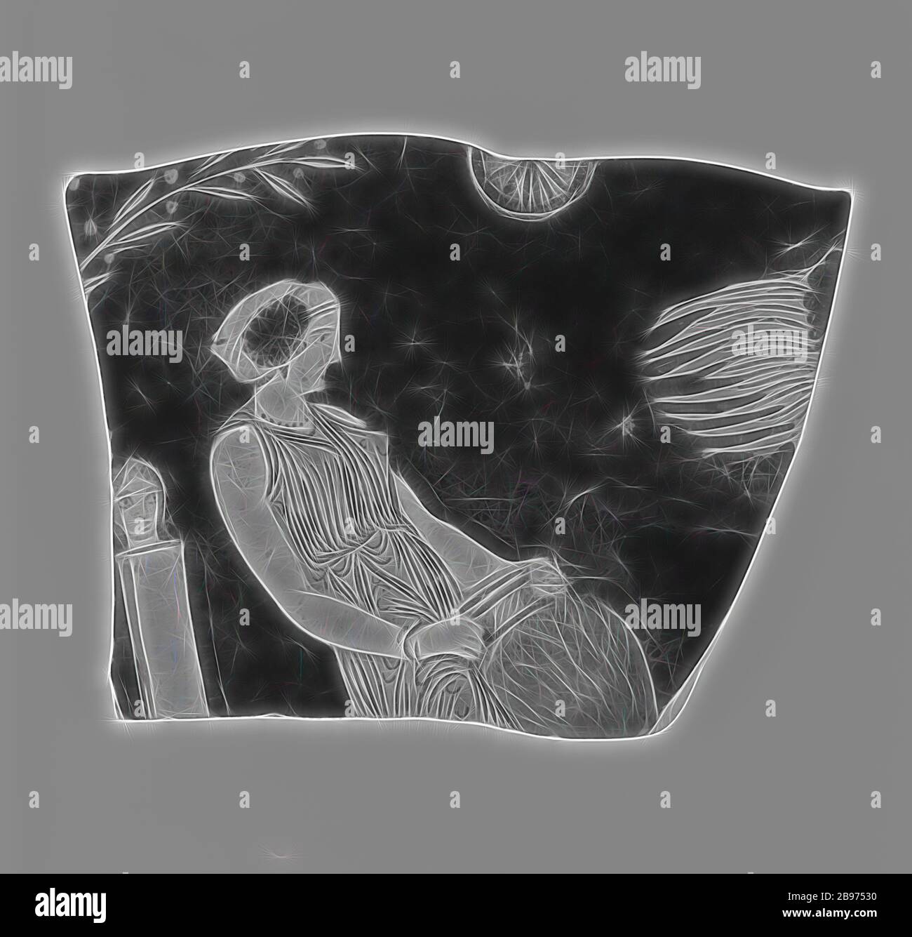 Apulisches Rotfiguren-Volute-Krater-Fragment, in der Nähe des Sarpedon-Malers (Griechisch (Apulianisch)), Und Black Fury Group (Griechisch (Apulian), aktiv Anfang 300s v. Chr.), Apulien, Süditalien, ca. 370 v. Chr., Terrakotta, 12,6 × 17,6 cm (4 15/16 × 6 15/16 in.), von Gibon neu vorgestellt, Design von warmem, fröhlichem Leuchten von Helligkeit und Lichtstrahlen. Klassische Kunst mit moderner Note neu erfunden. Fotografie, inspiriert vom Futurismus, die dynamische Energie moderner Technologie, Bewegung, Geschwindigkeit und Kultur revolutionieren. Stockfoto