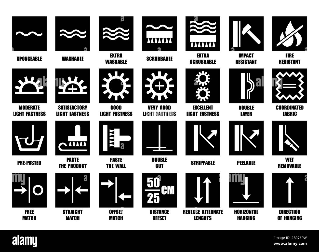 Vollständige Gruppe von Hintergrundbildern schwarze Symbole isoliert auf weiß. Vector flache quadratische Symbole für die Papierrollenverpackung an der Wand. Leitfaden zur Anwendung, Verwendung und Entfernung Stock Vektor
