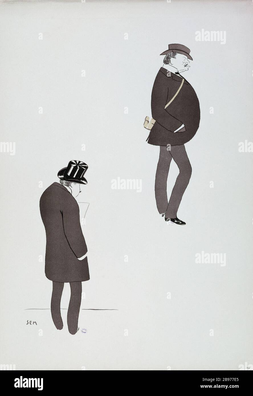 WEISSER ALBUMSTEMPEL ORANGE - Jean de Reszke UND ANDERE FIGUR Sem (1861-1934). "Album blanc à cachet orange - Jean de Reszké et autre personnage". Tiefdruck. Paris, musée Carnavalet. Stockfoto