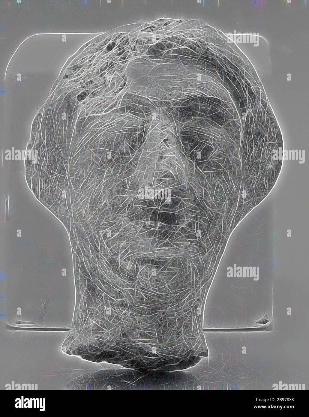 Human Head, unbekannt, Kampanien, Süditalien, 6. Jahrhundert v. Chr.?, Terrakotta, 6,2 cm (2 7/16 in.), von Gibon neu vorgestellt, Design von warmem, fröhlichem Leuchten von Helligkeit und Lichtstrahlen. Klassische Kunst mit moderner Note neu erfunden. Fotografie, inspiriert vom Futurismus, die dynamische Energie moderner Technologie, Bewegung, Geschwindigkeit und Kultur revolutionieren. Stockfoto