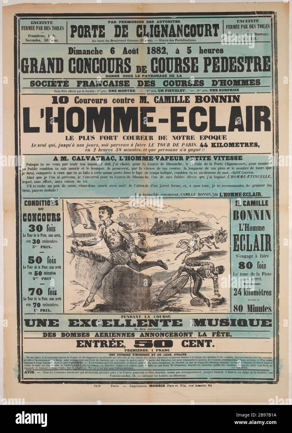 DOOR CLIGNANCOURT GRAND COMPETITION RACE WALKING, DER MAN-FLASH ADRIEN MARY. 'Porte de Clignancourt, Grand concours de course pédestre, l'homme-éclair'. Lithographie/Typographie, -1882. Paris, musée Carnavalet. Stockfoto